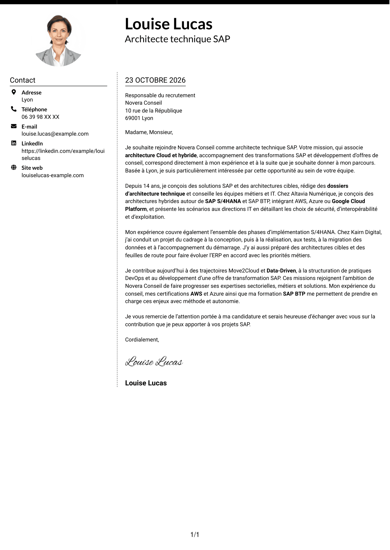 Lettre de motivation Moderne (format à deux colonnes avec photo à gauche et séparateur) : Architecte technique SAP Cloud - On-Premise, page 1
