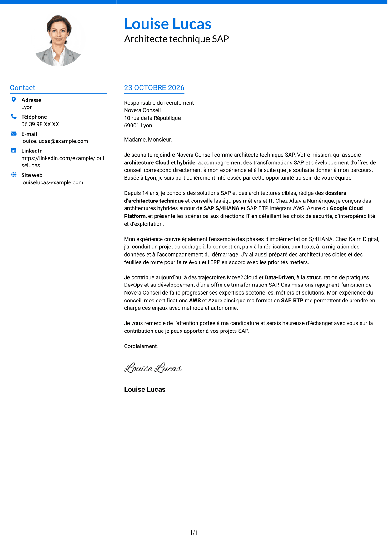 Lettre de motivation Audacieux (format à deux colonnes avec accents colorés et photo) : Architecte technique SAP Cloud - On-Premise, page 1