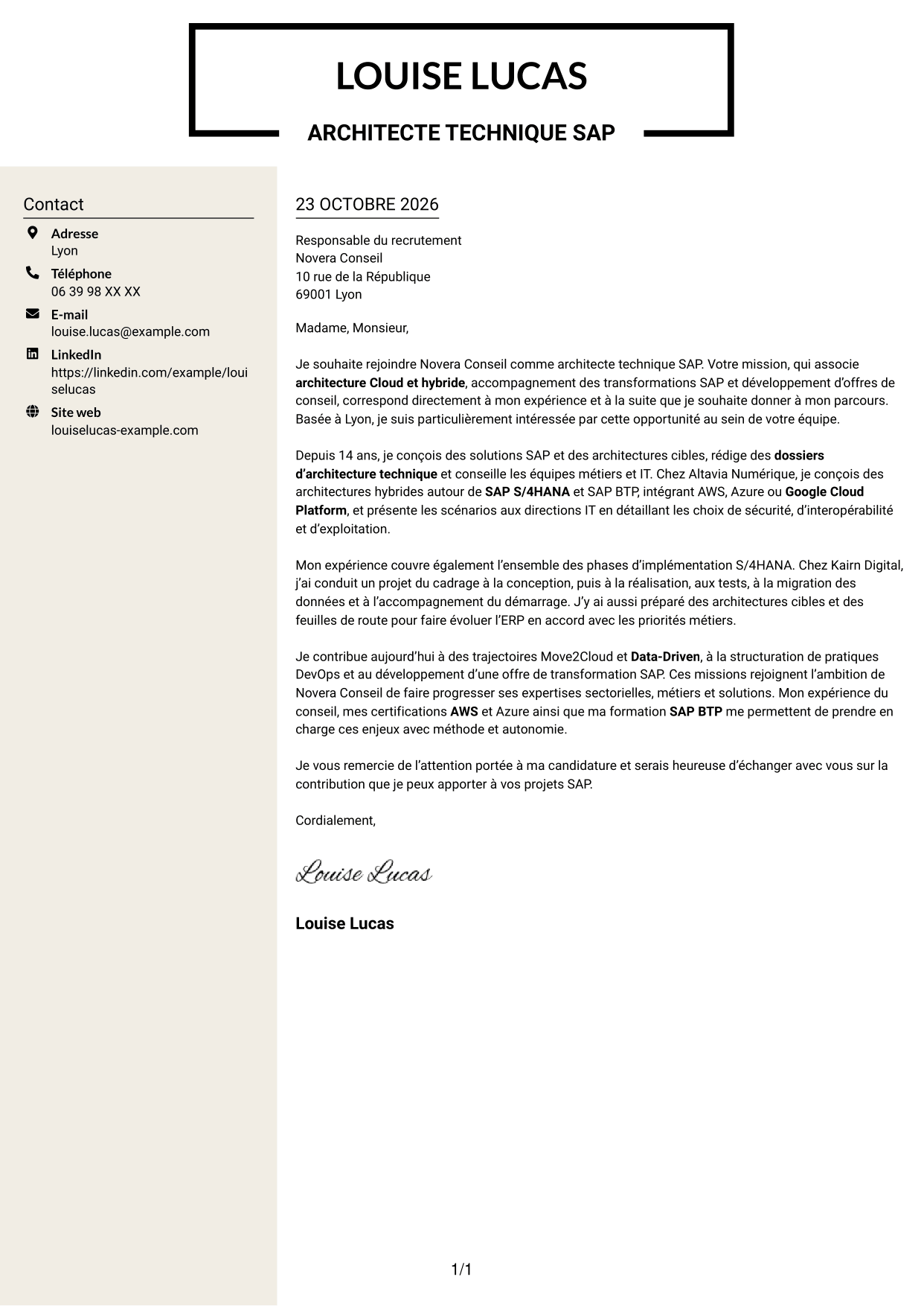Lettre de motivation Fonceur (format à deux colonnes avec en-tête centré sans photo) : Architecte technique SAP Cloud - On-Premise, page 1