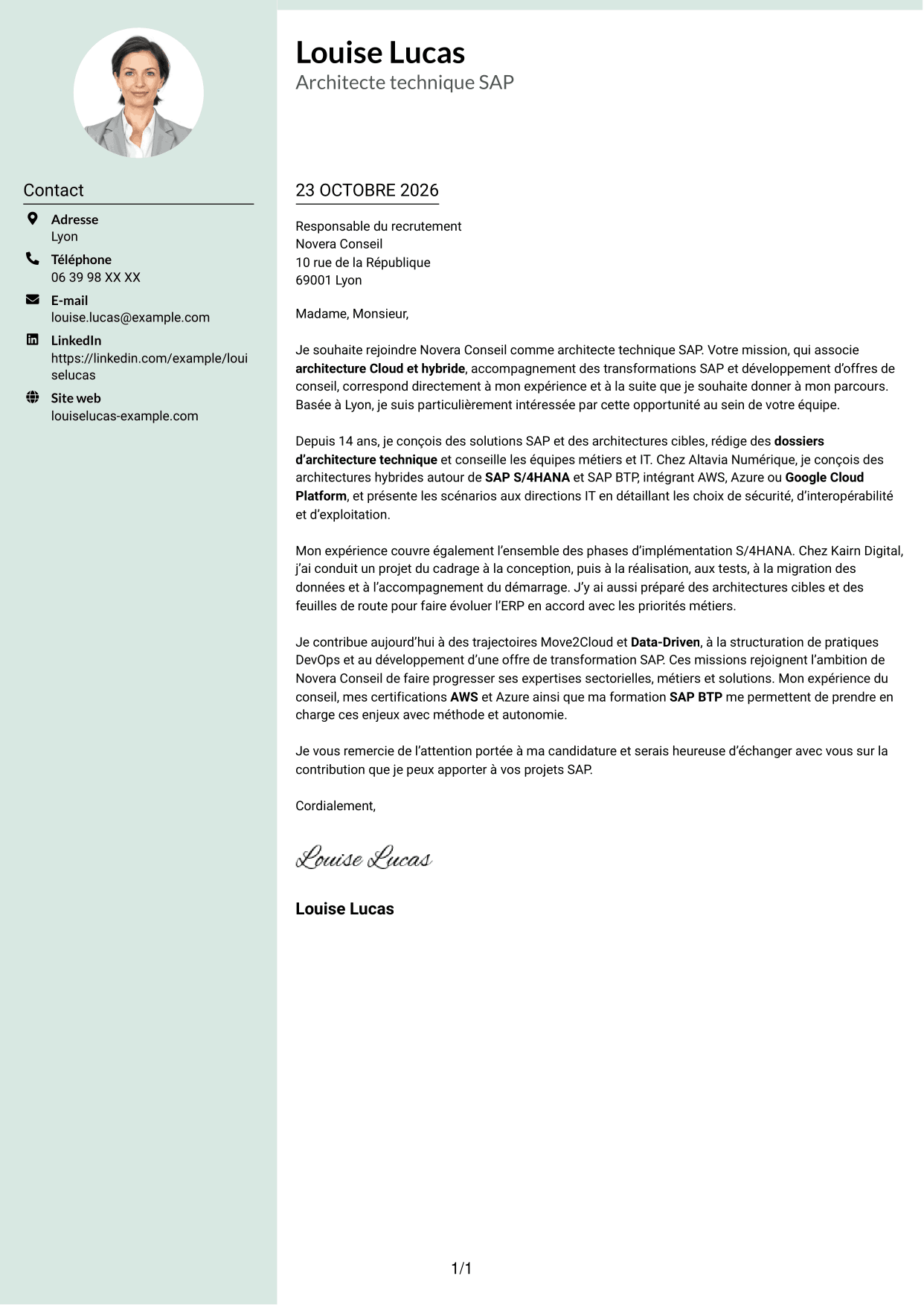 Lettre de motivation Cadre (format à colonne latérale douce avec photo arrondie) : Architecte technique SAP Cloud - On-Premise, page 1