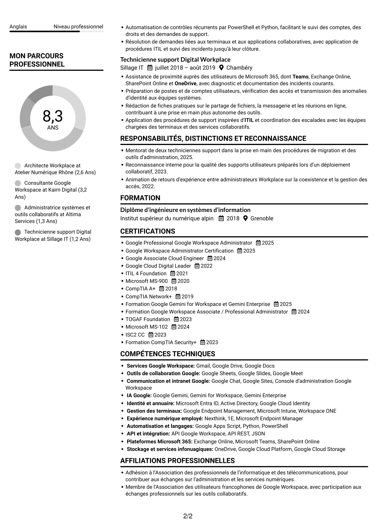 CV Compact (format sobre à deux colonnes avec photo) : Architecte Workplace Junior - Google Workspace et Gemini, page 2