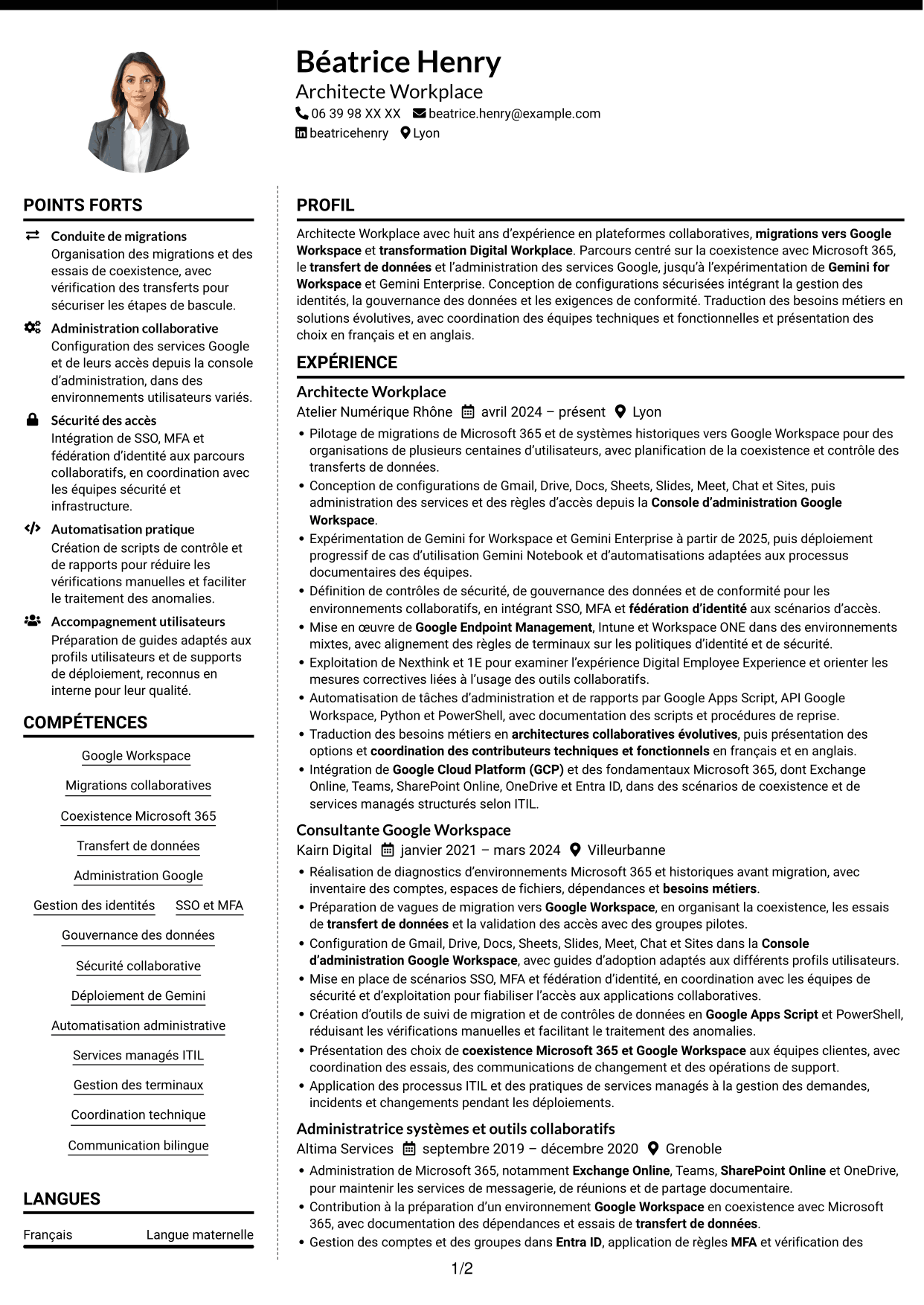 CV Moderne (format à deux colonnes avec photo à gauche et séparateur) : Architecte Workplace Junior - Google Workspace et Gemini, page 1