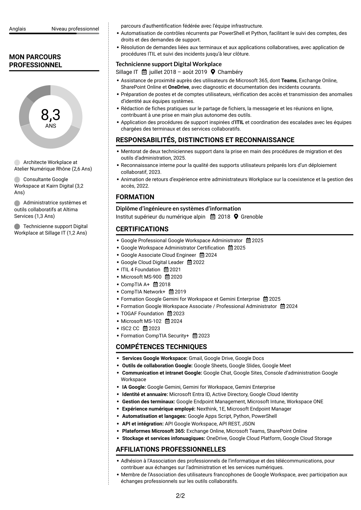 CV Moderne (format à deux colonnes avec photo à gauche et séparateur) : Architecte Workplace Junior - Google Workspace et Gemini, page 2
