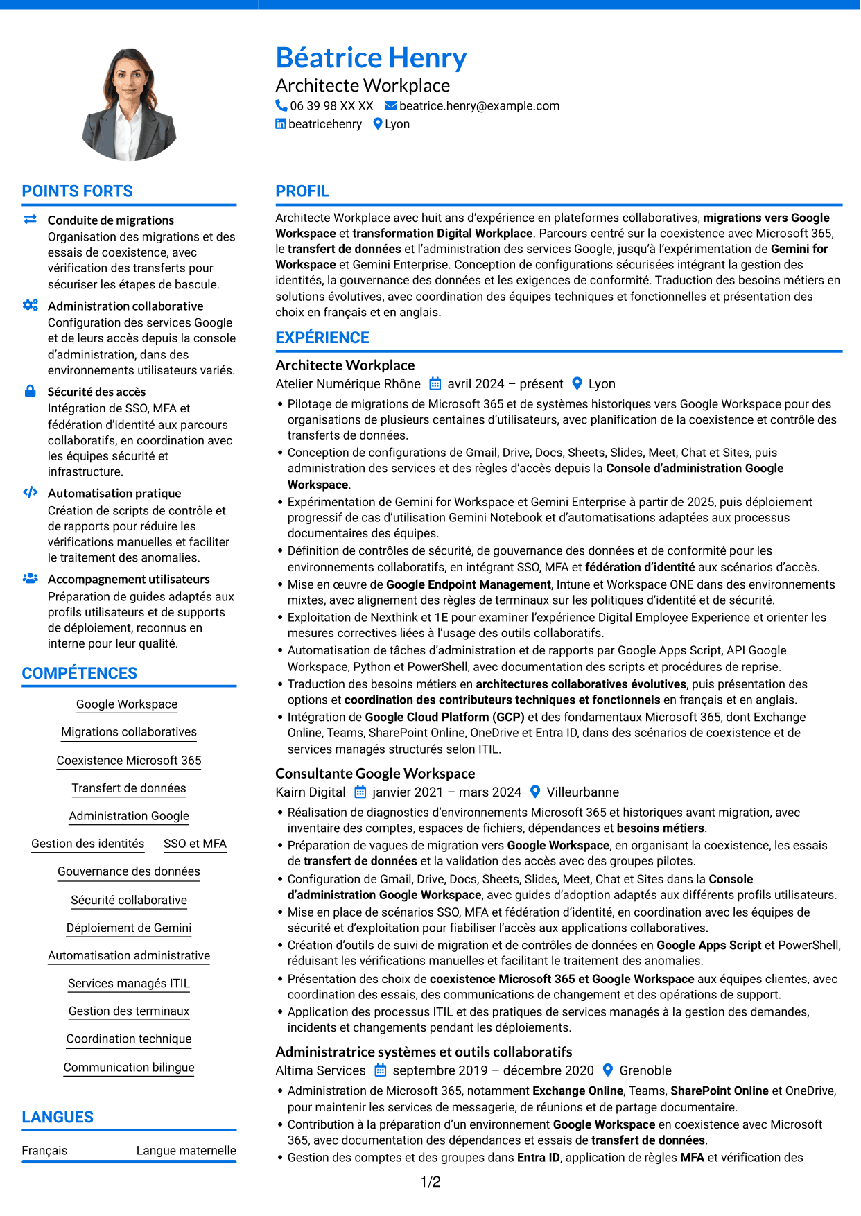 CV Audacieux (format à deux colonnes avec accents colorés et photo) : Architecte Workplace Junior - Google Workspace et Gemini, page 1