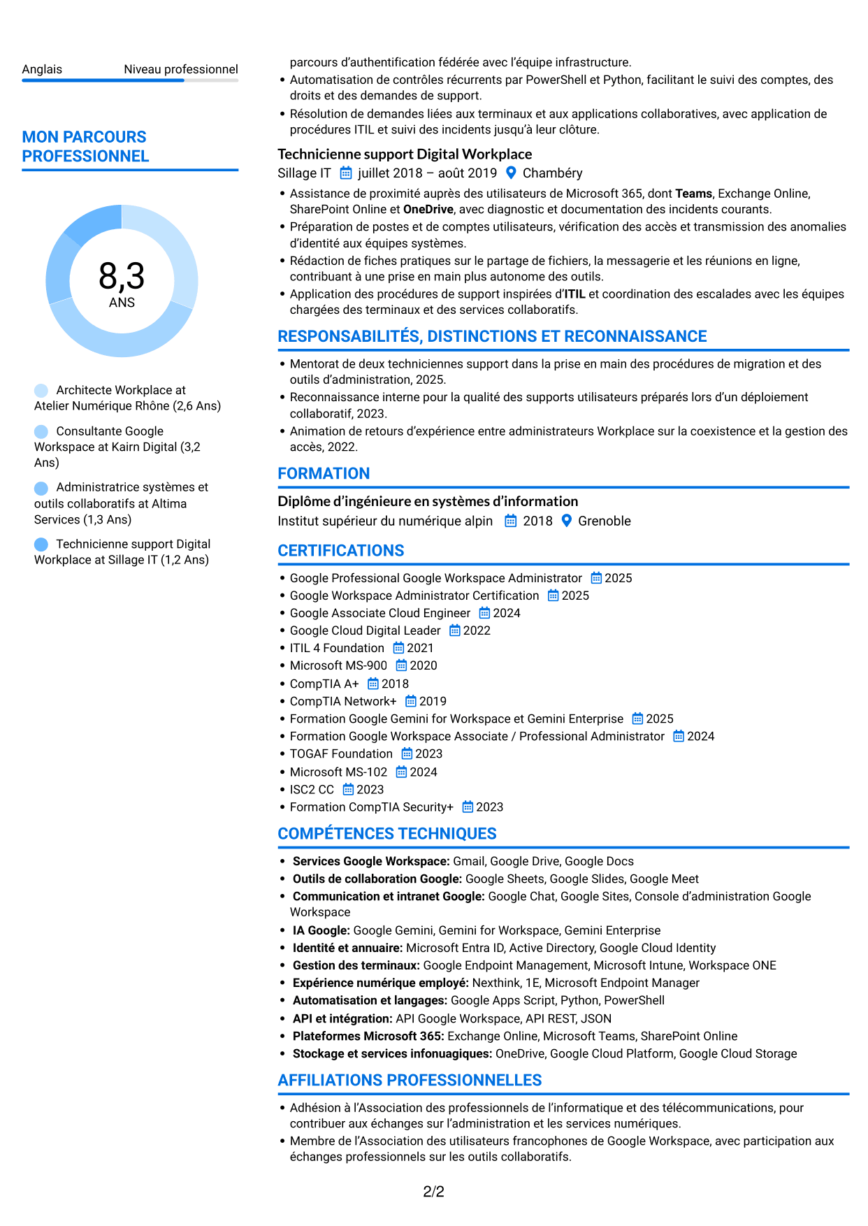 CV Audacieux (format à deux colonnes avec accents colorés et photo) : Architecte Workplace Junior - Google Workspace et Gemini, page 2