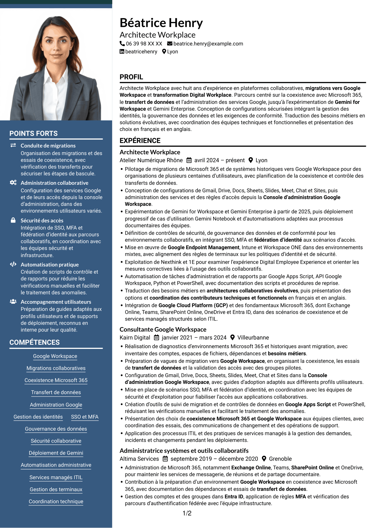 CV Signature (format à colonne latérale colorée avec grande photo) : Architecte Workplace Junior - Google Workspace et Gemini, page 1
