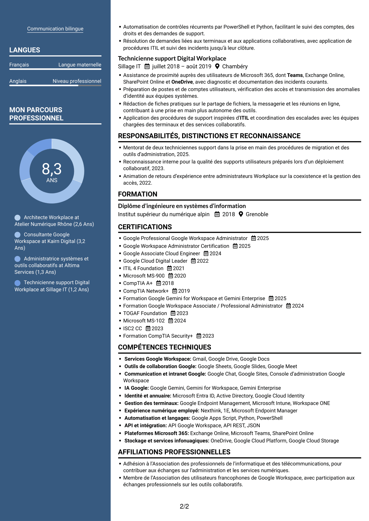 CV Signature (format à colonne latérale colorée avec grande photo) : Architecte Workplace Junior - Google Workspace et Gemini, page 2