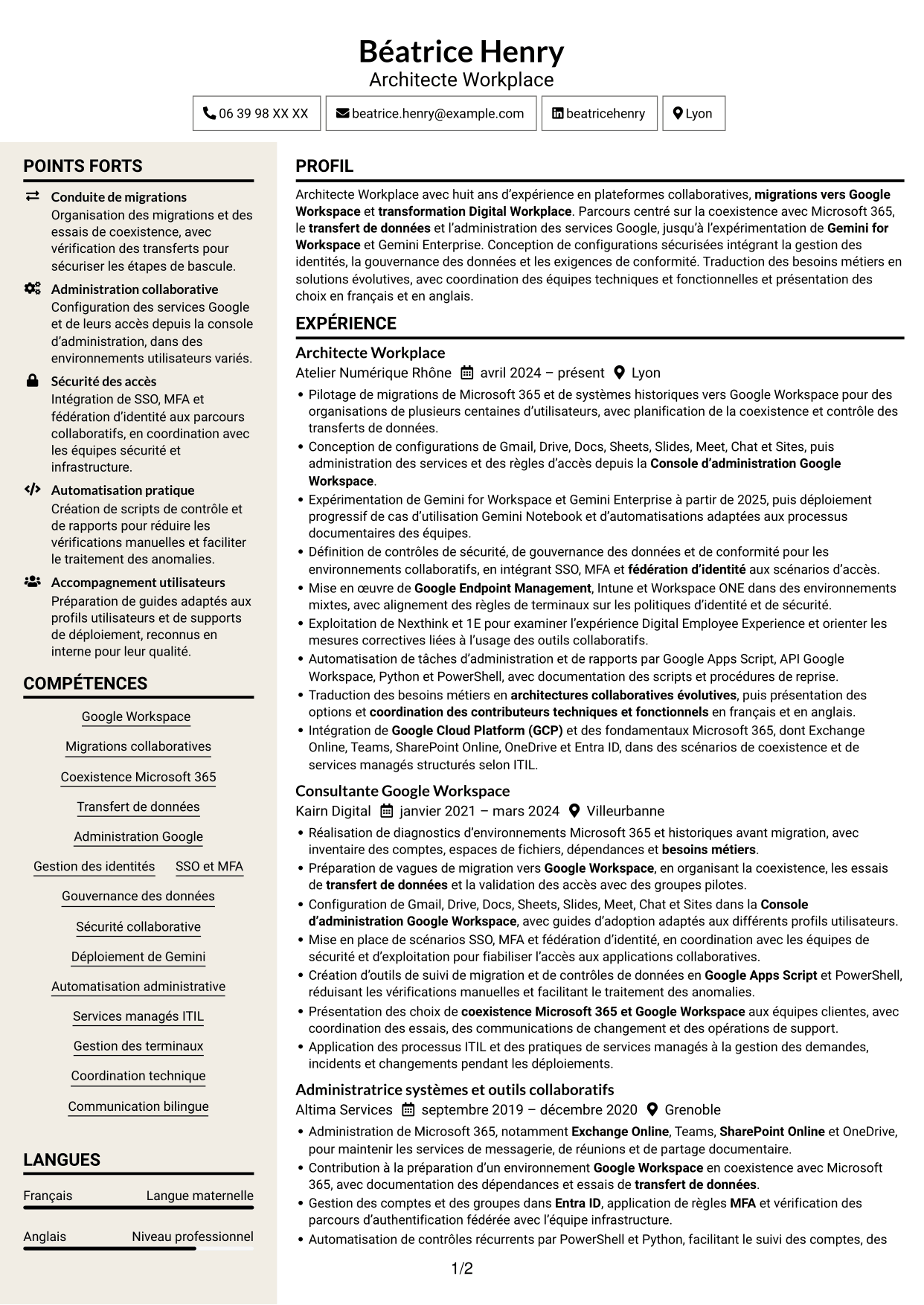 CV Fonceur (format à deux colonnes avec en-tête centré sans photo) : Architecte Workplace Junior - Google Workspace et Gemini, page 1