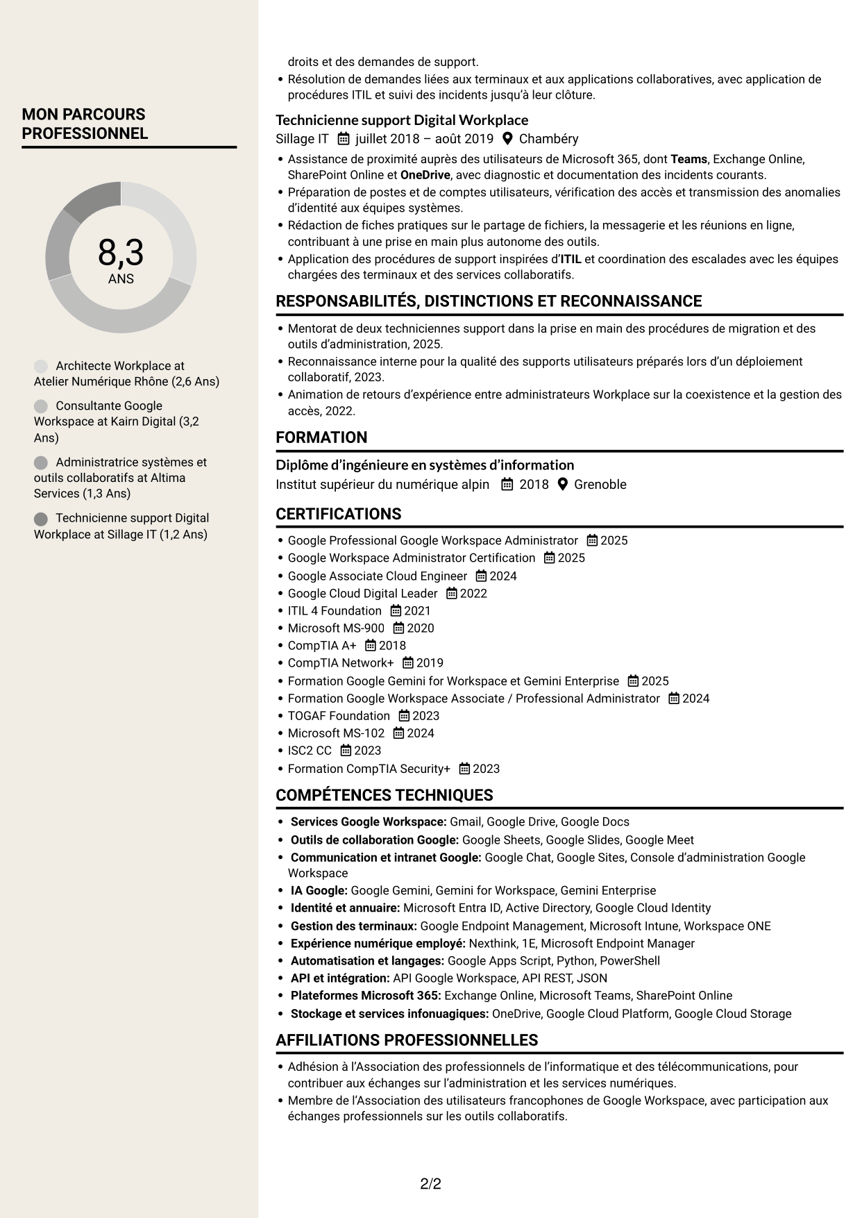 CV Fonceur (format à deux colonnes avec en-tête centré sans photo) : Architecte Workplace Junior - Google Workspace et Gemini, page 2
