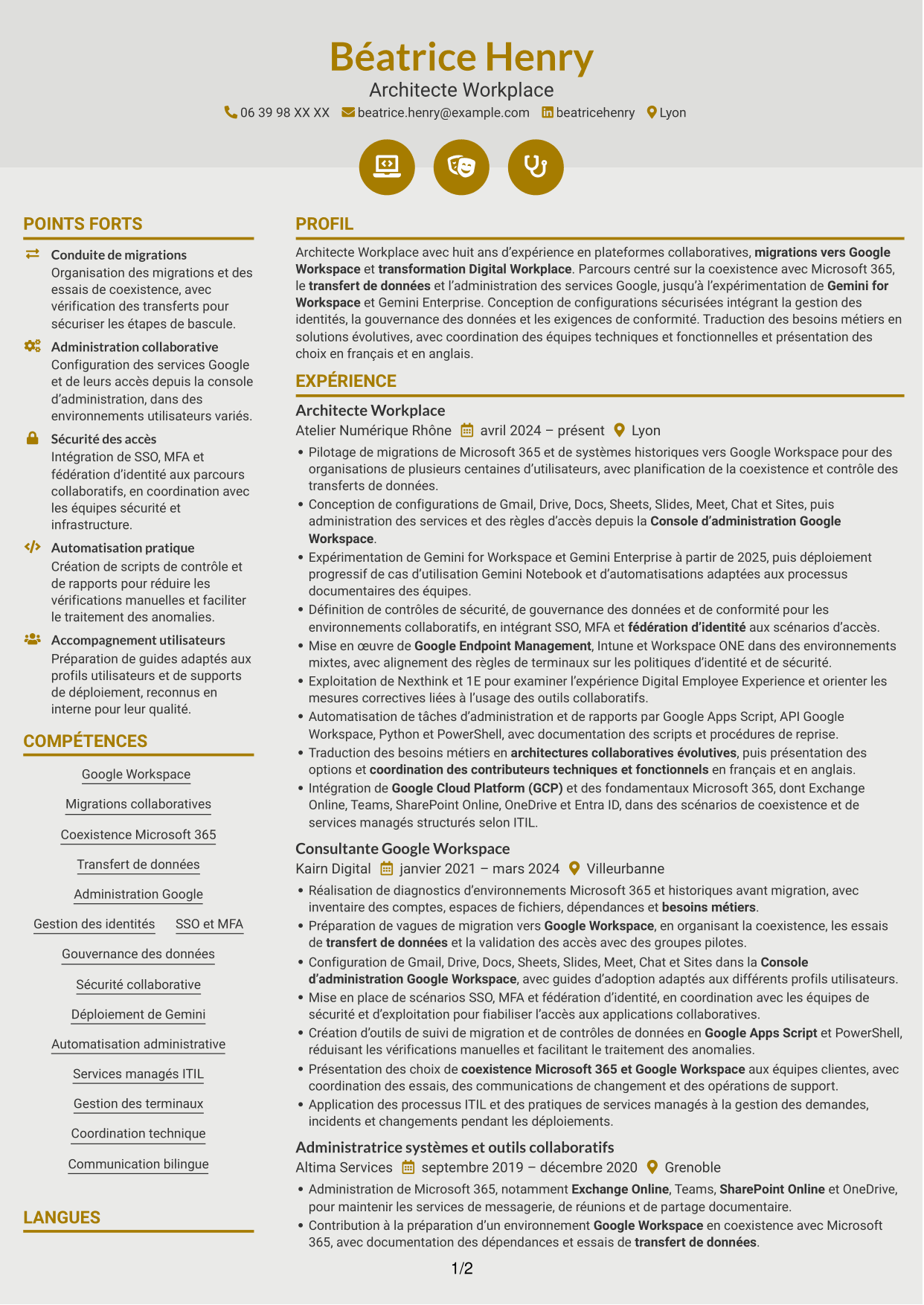CV Dynamique (format à deux colonnes avec icônes) : Architecte Workplace Junior - Google Workspace et Gemini, page 1
