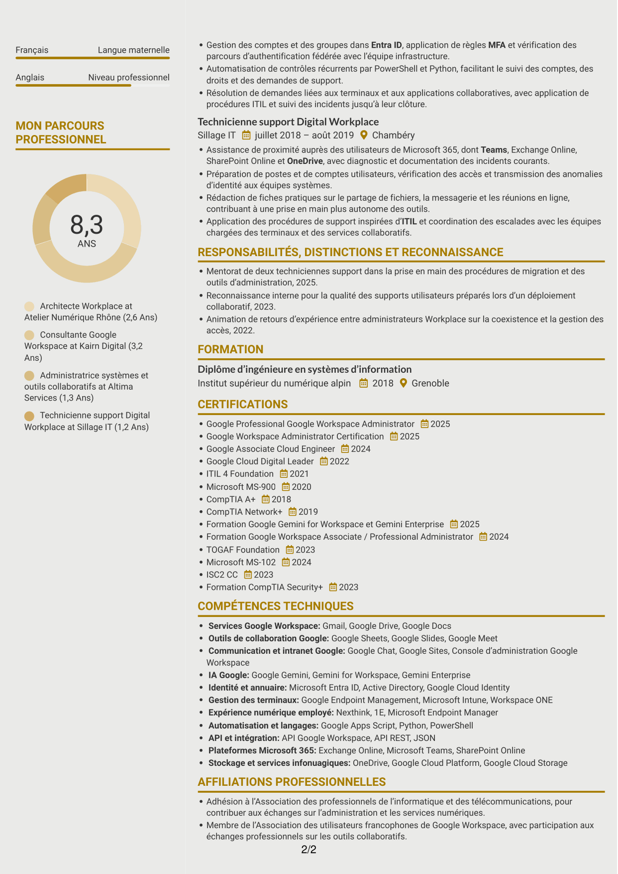 CV Dynamique (format à deux colonnes avec icônes) : Architecte Workplace Junior - Google Workspace et Gemini, page 2