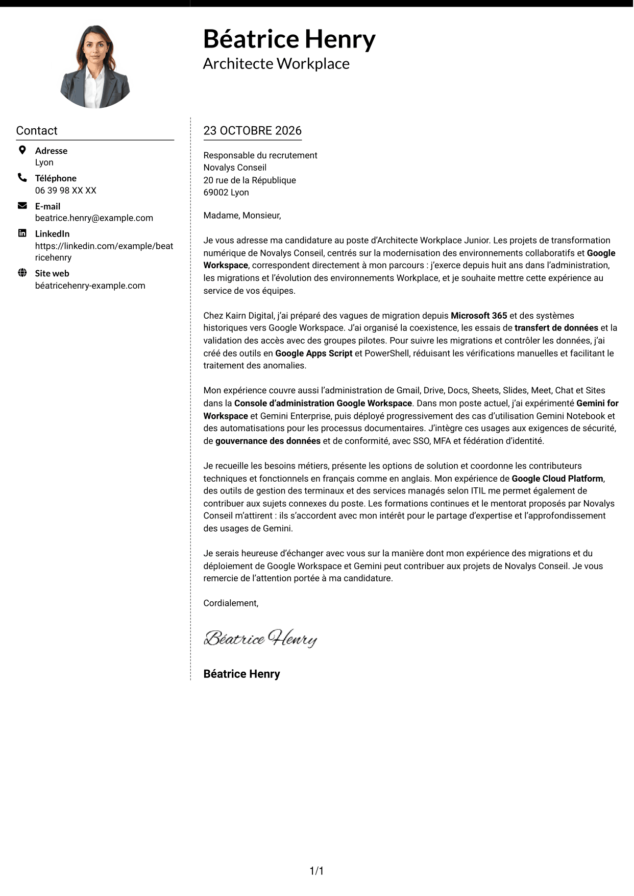 Lettre de motivation Moderne (format à deux colonnes avec photo à gauche et séparateur) : Architecte Workplace Junior - Google Workspace et Gemini, page 1
