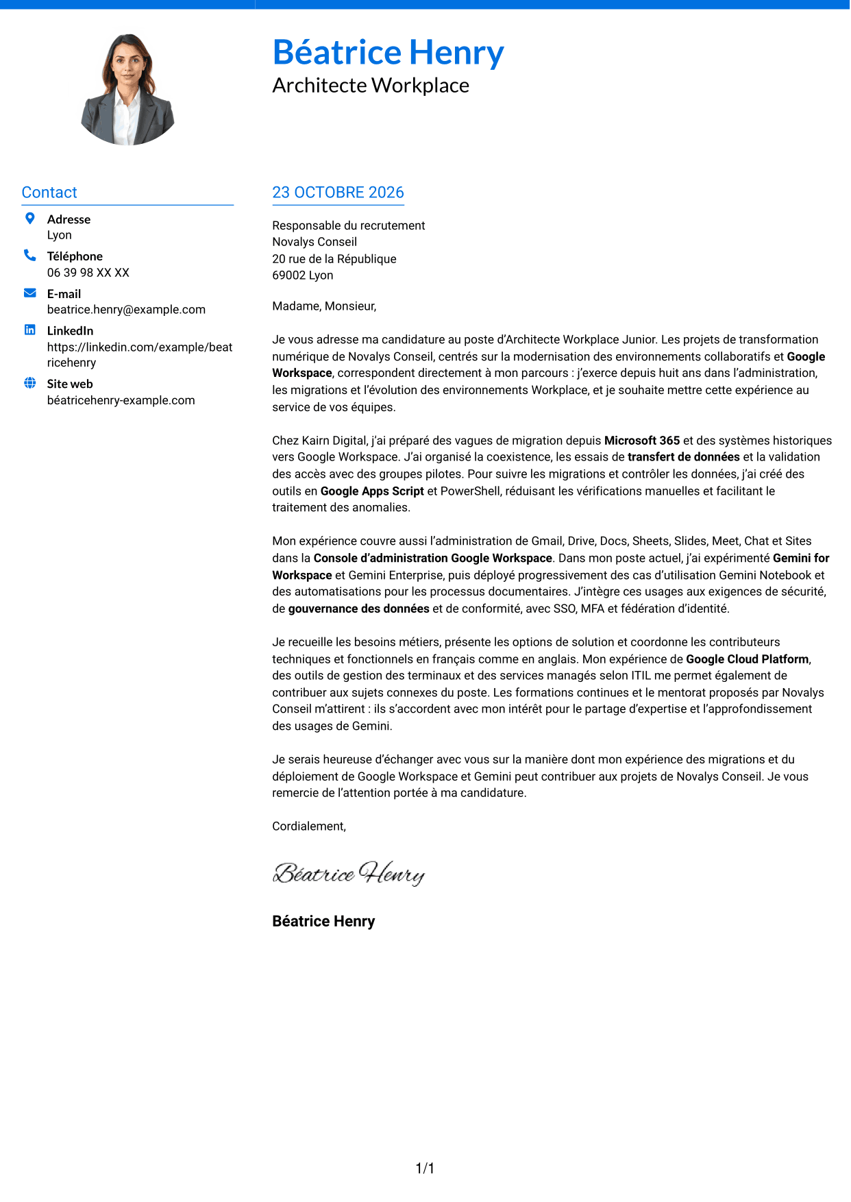 Lettre de motivation Audacieux (format à deux colonnes avec accents colorés et photo) : Architecte Workplace Junior - Google Workspace et Gemini, page 1