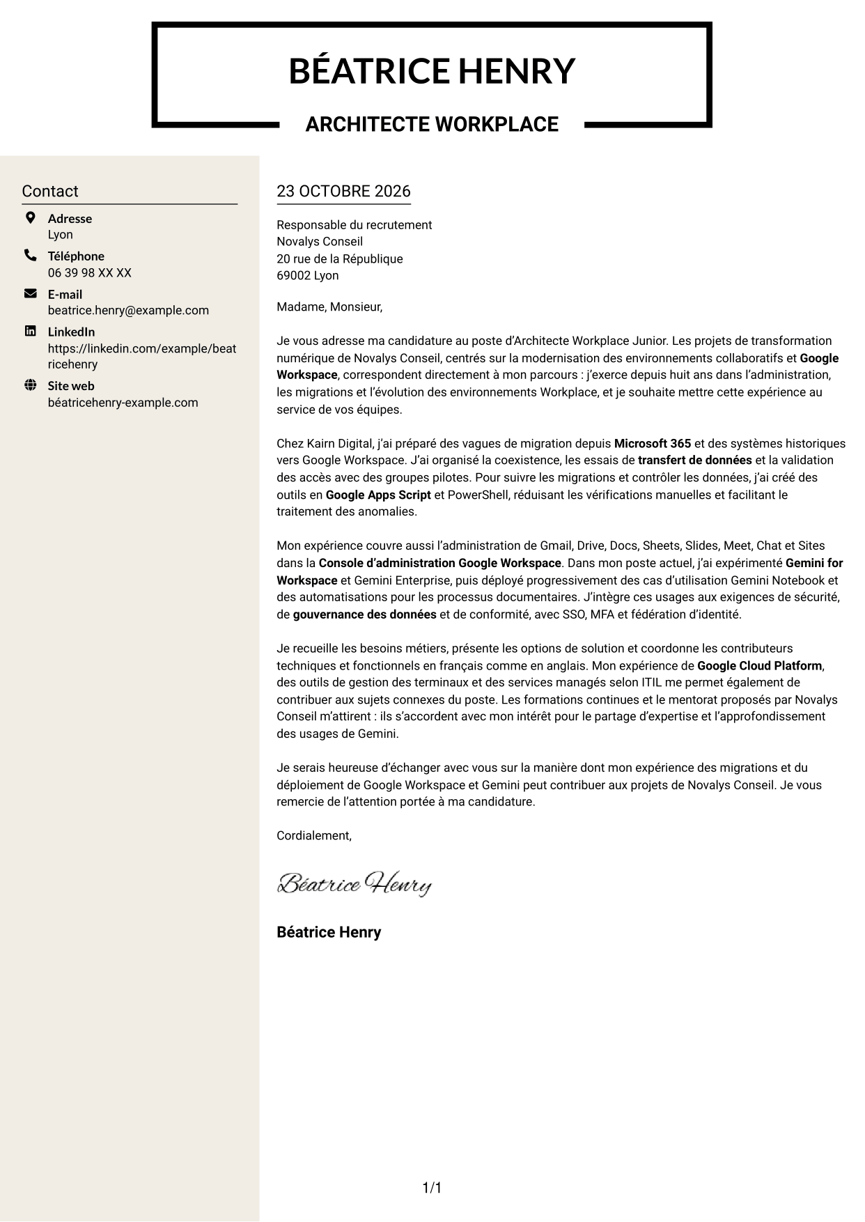 Lettre de motivation Fonceur (format à deux colonnes avec en-tête centré sans photo) : Architecte Workplace Junior - Google Workspace et Gemini, page 1