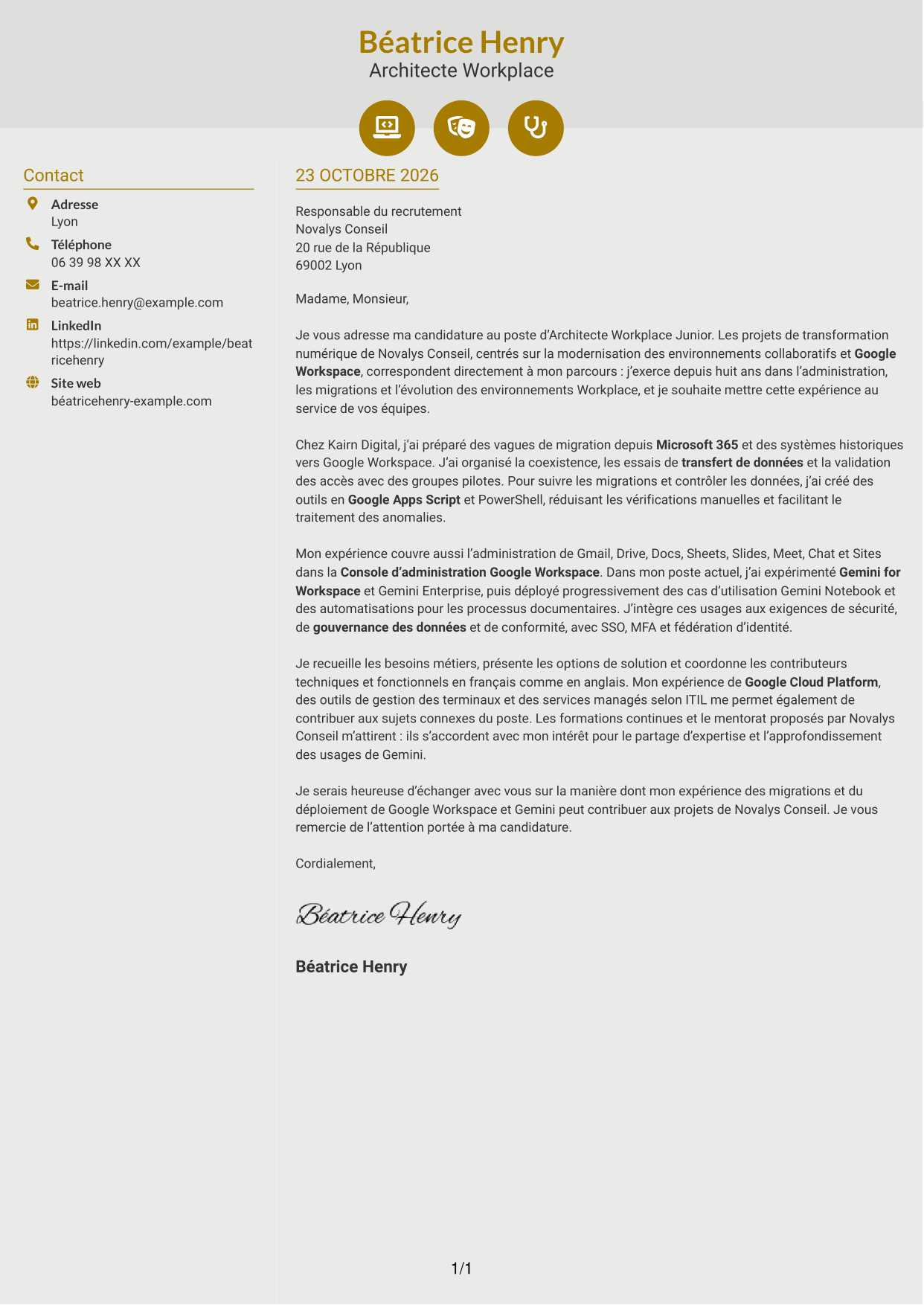 Lettre de motivation Dynamique (format à deux colonnes avec icônes) : Architecte Workplace Junior - Google Workspace et Gemini, page 1
