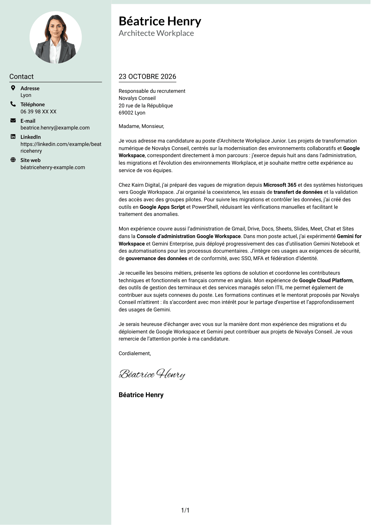 Lettre de motivation Cadre (format à colonne latérale douce avec photo arrondie) : Architecte Workplace Junior - Google Workspace et Gemini, page 1