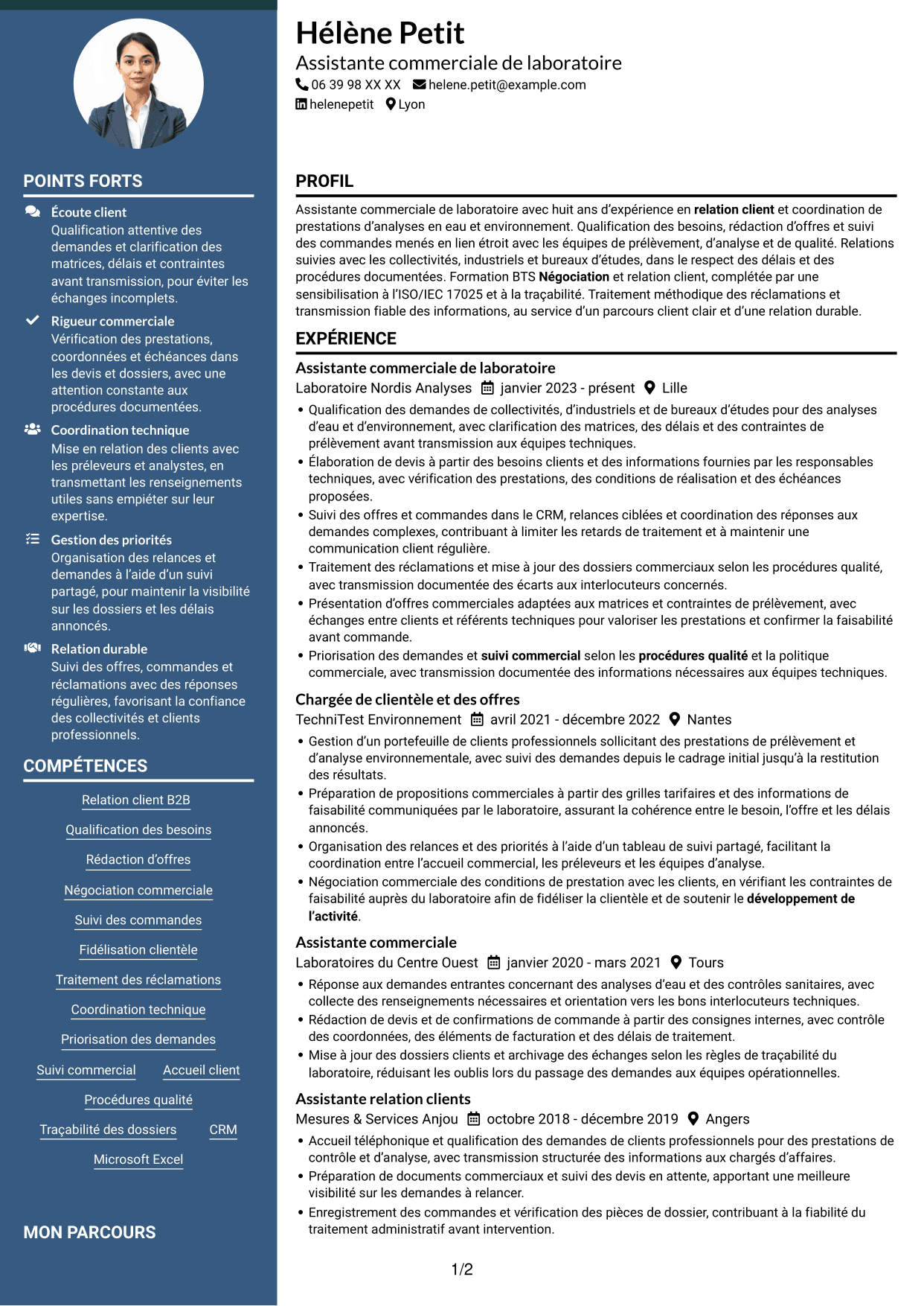 CV Élégant (format à colonne latérale colorée avec photo) : Assistant commercial de laboratoire - Relation client et offres analytiques, page 1