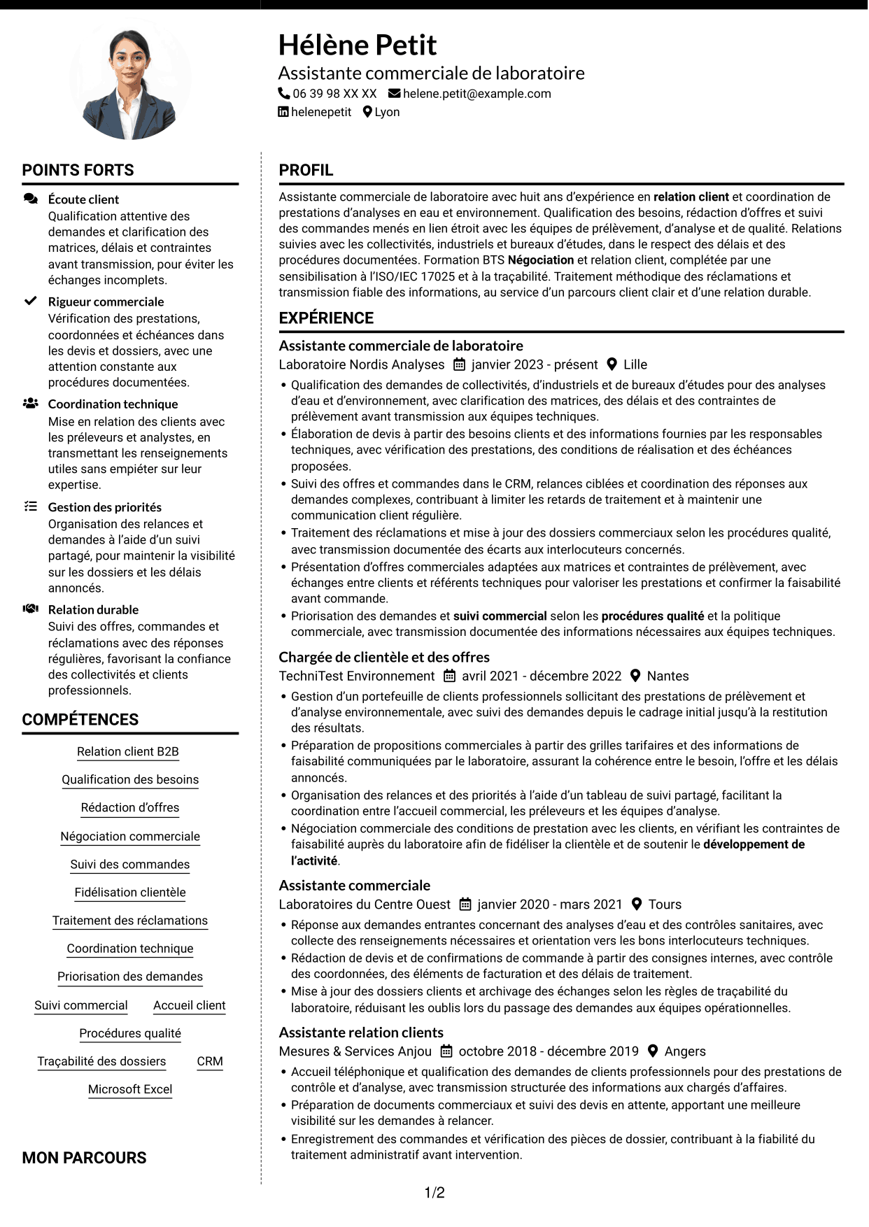 CV Moderne (format à deux colonnes avec photo à gauche et séparateur) : Assistant commercial de laboratoire - Relation client et offres analytiques, page 1