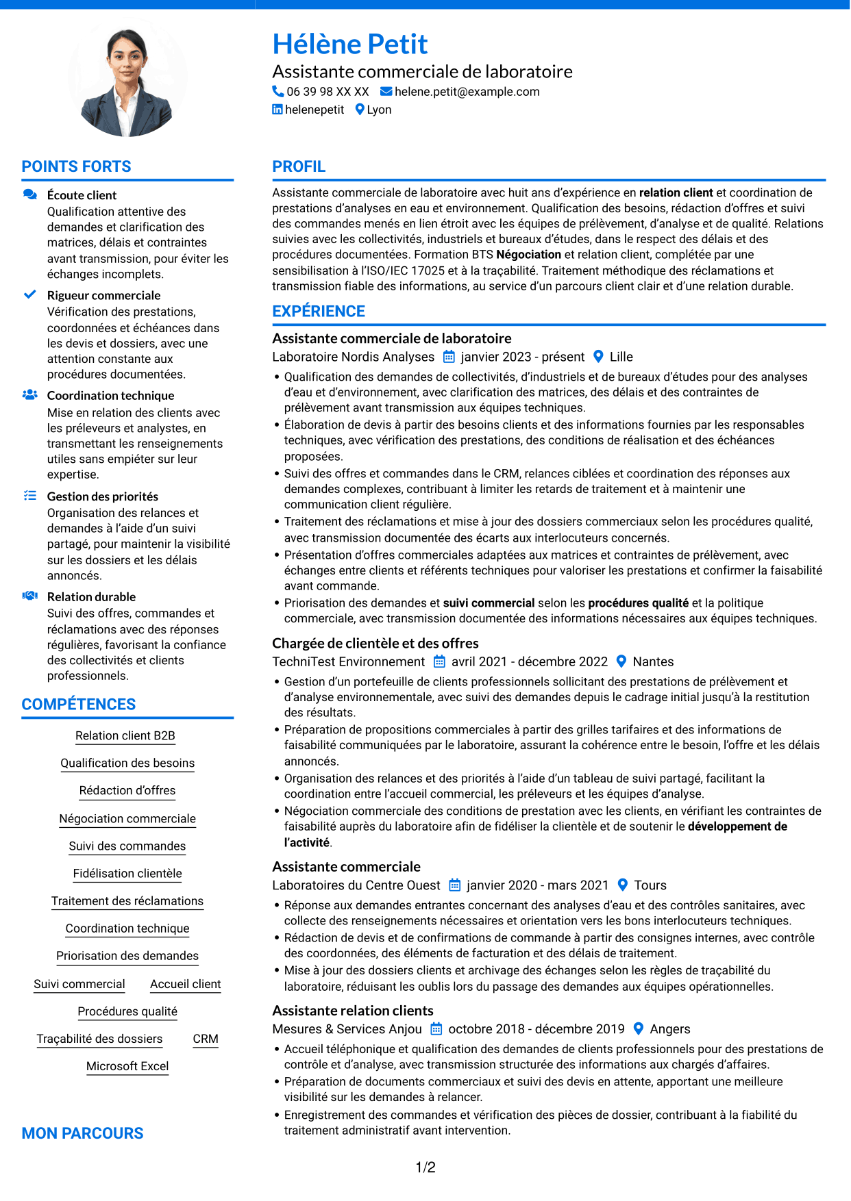 CV Audacieux (format à deux colonnes avec accents colorés et photo) : Assistant commercial de laboratoire - Relation client et offres analytiques, page 1