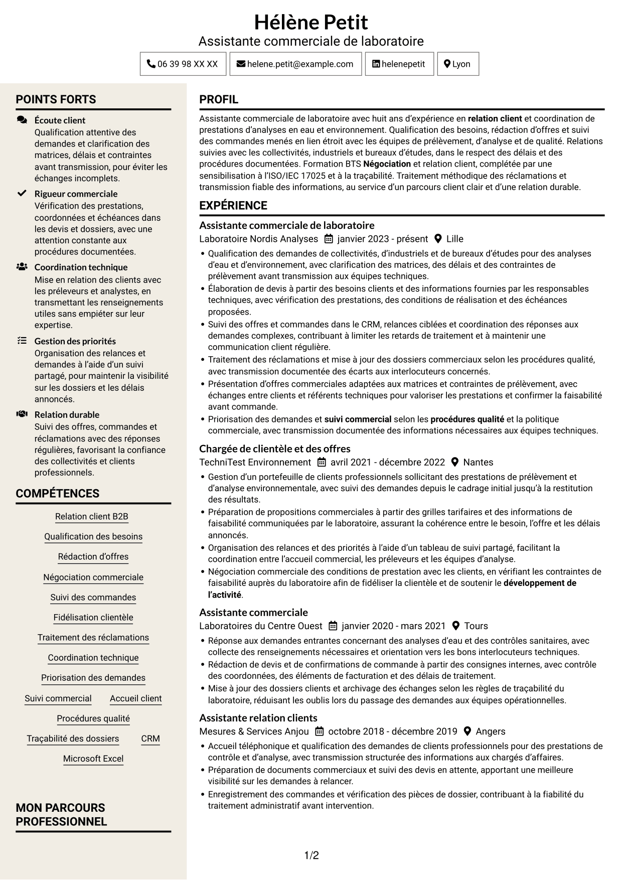 CV Fonceur (format à deux colonnes avec en-tête centré sans photo) : Assistant commercial de laboratoire - Relation client et offres analytiques, page 1