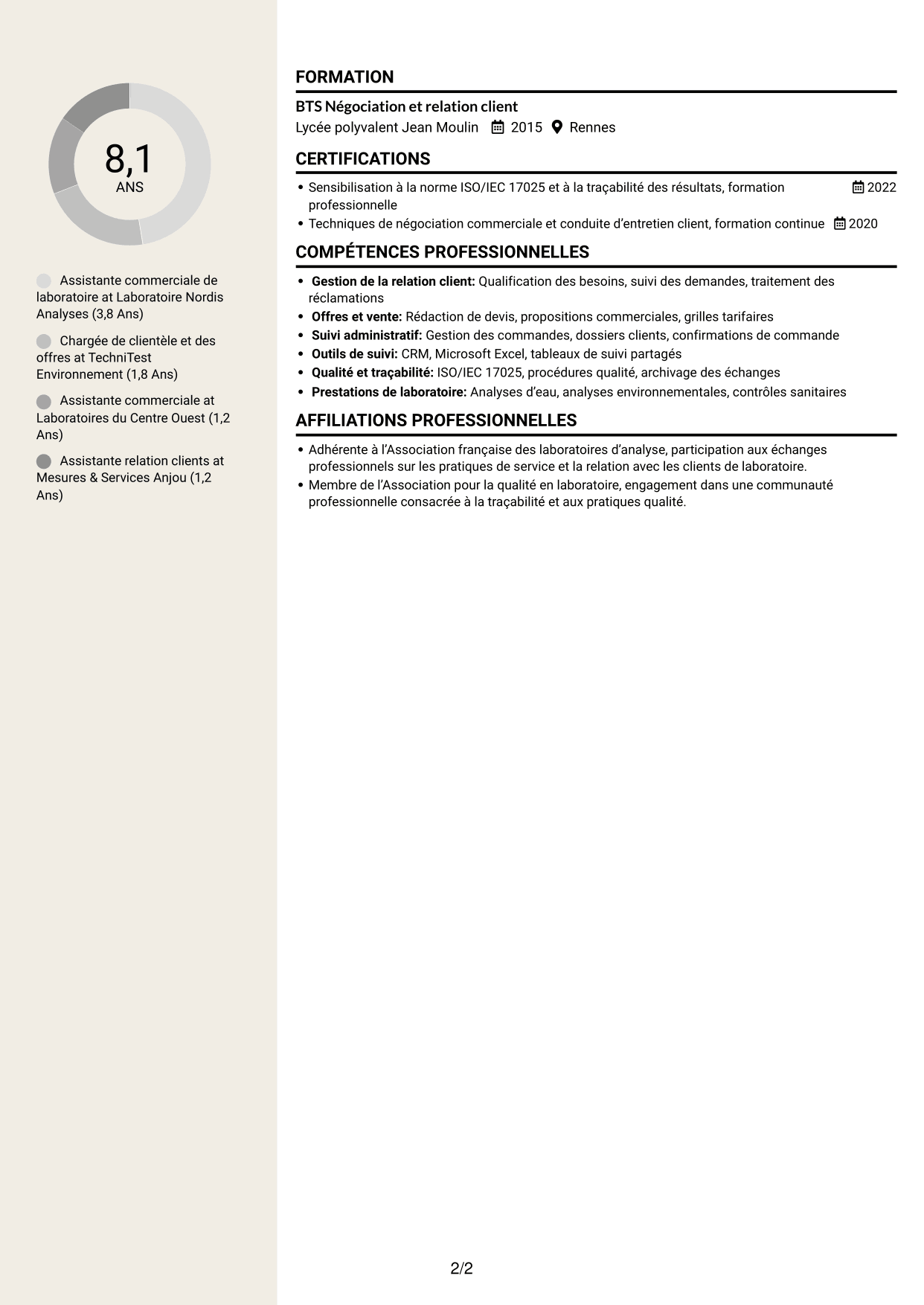 CV Fonceur (format à deux colonnes avec en-tête centré sans photo) : Assistant commercial de laboratoire - Relation client et offres analytiques, page 2