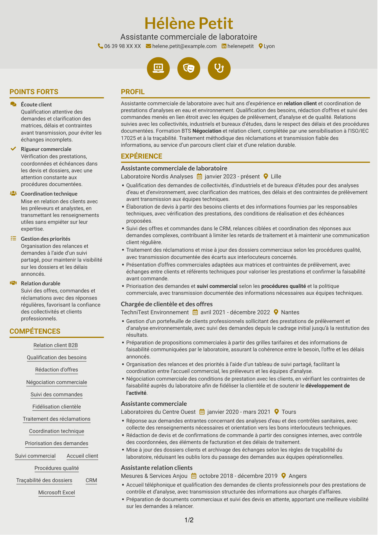 CV Dynamique (format à deux colonnes avec icônes) : Assistant commercial de laboratoire - Relation client et offres analytiques, page 1