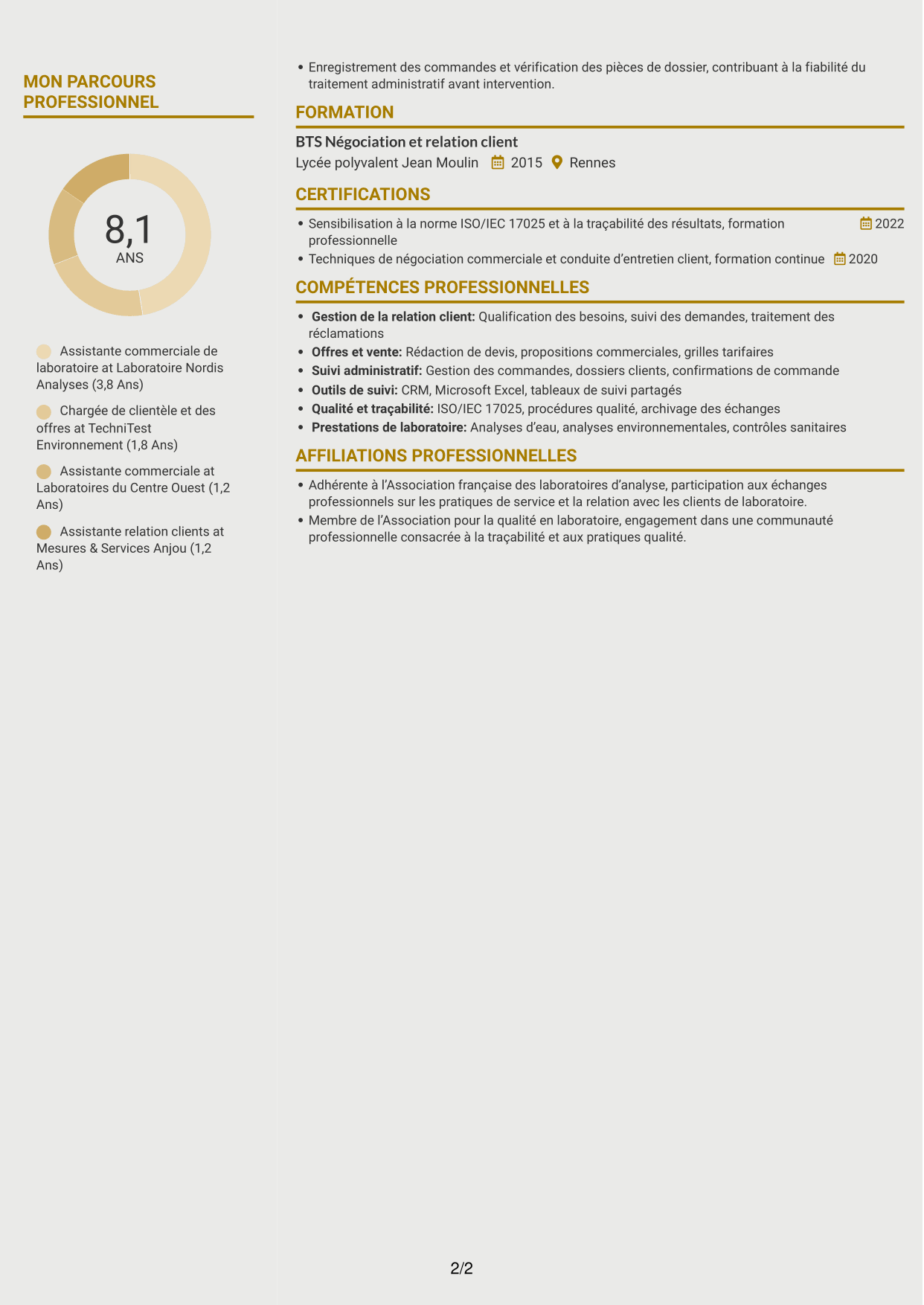 CV Dynamique (format à deux colonnes avec icônes) : Assistant commercial de laboratoire - Relation client et offres analytiques, page 2