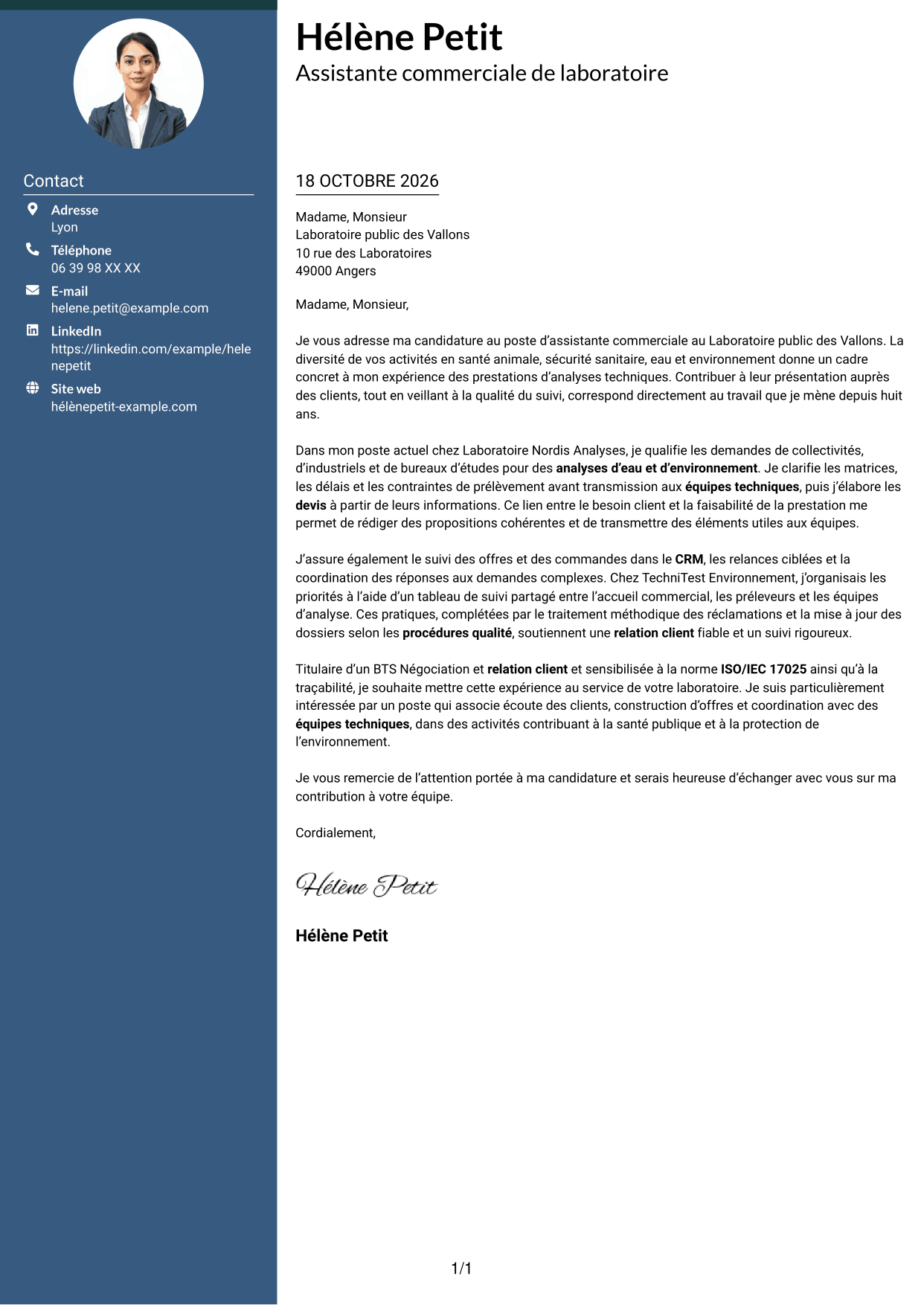 Lettre de motivation Élégant (format à colonne latérale colorée avec photo) : Assistant commercial de laboratoire - Relation client et offres analytiques, page 1