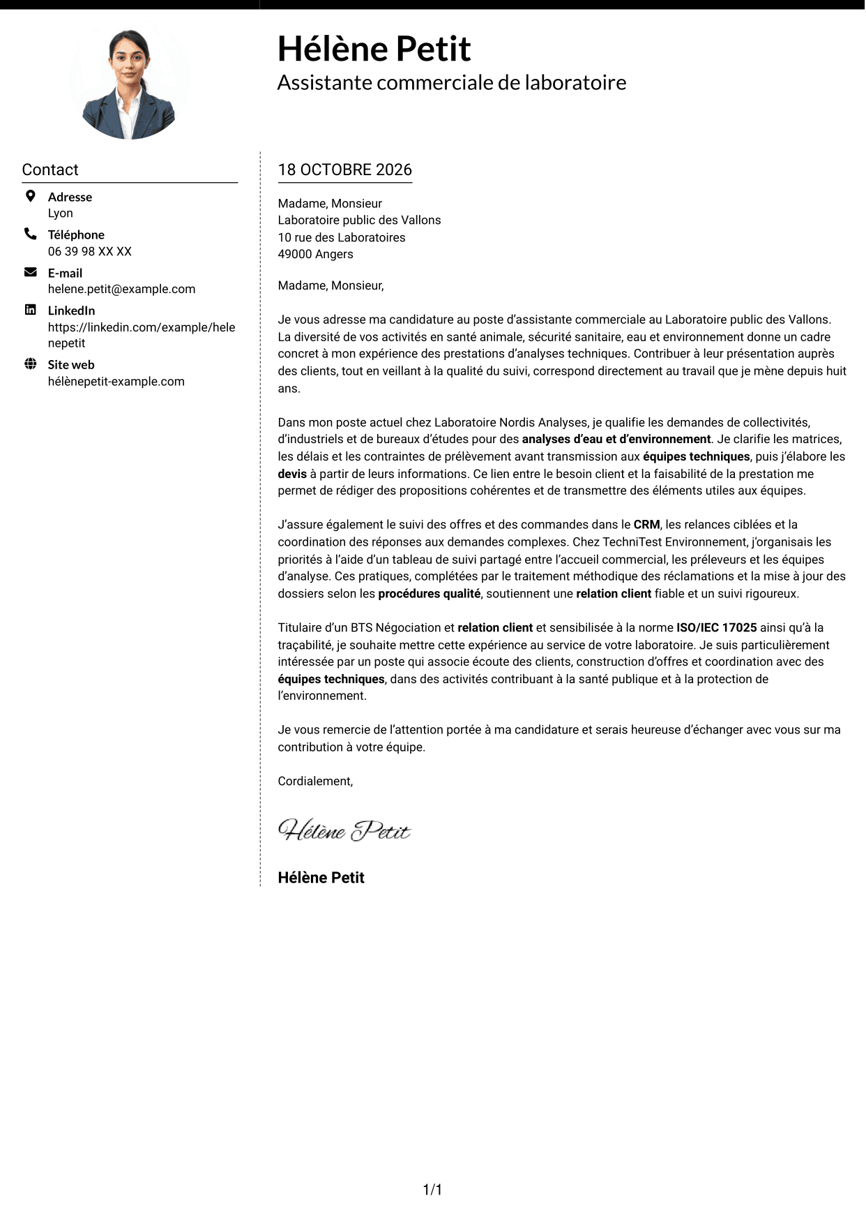 Lettre de motivation Moderne (format à deux colonnes avec photo à gauche et séparateur) : Assistant commercial de laboratoire - Relation client et offres analytiques, page 1