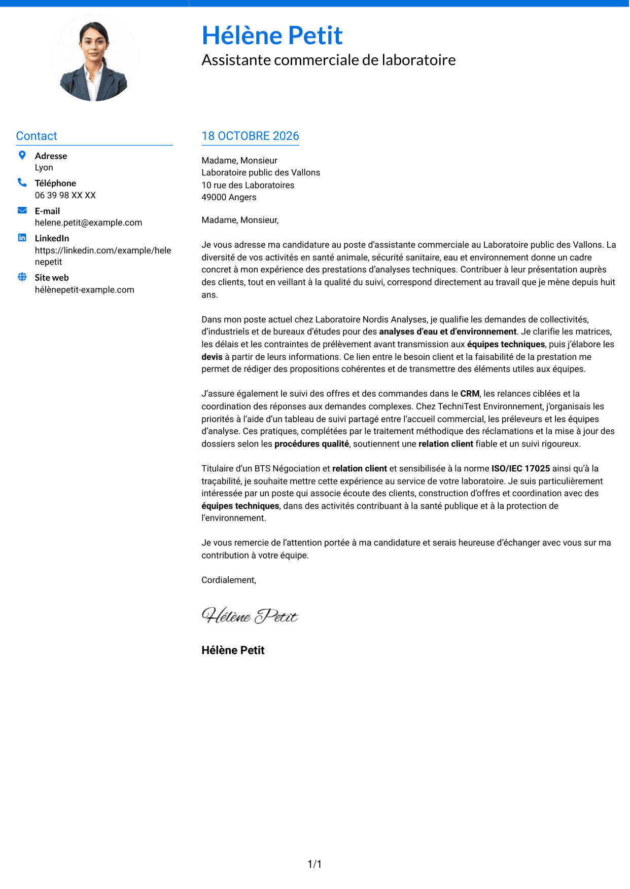 Lettre de motivation Audacieux (format à deux colonnes avec accents colorés et photo) : Assistant commercial de laboratoire - Relation client et offres analytiques, page 1