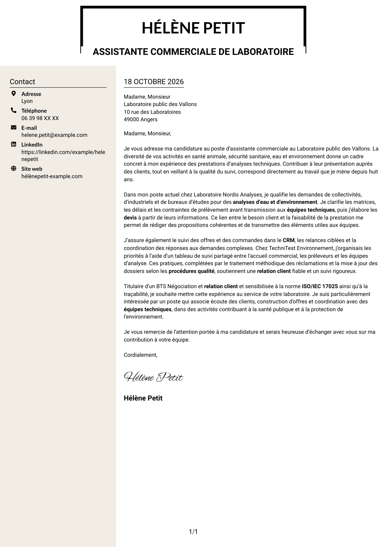 Lettre de motivation Fonceur (format à deux colonnes avec en-tête centré sans photo) : Assistant commercial de laboratoire - Relation client et offres analytiques, page 1