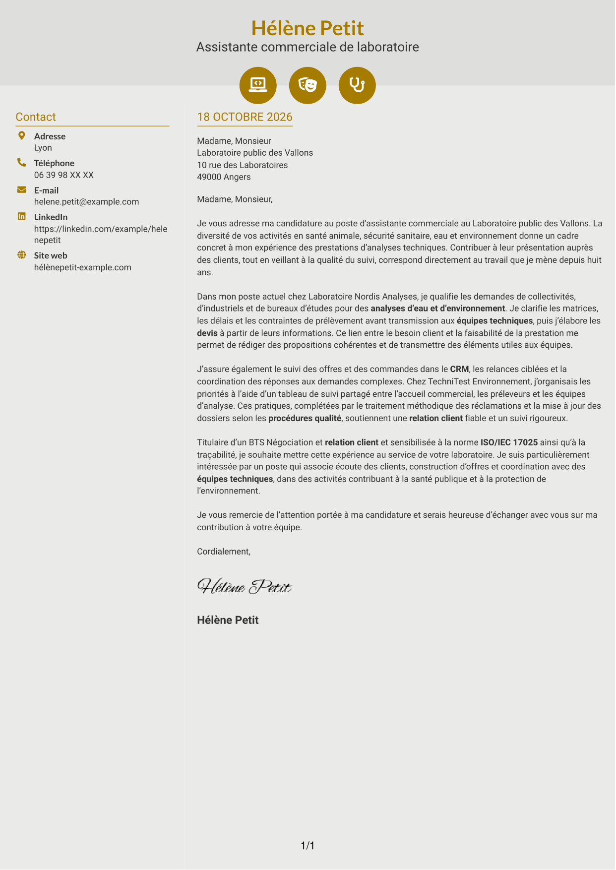 Lettre de motivation Dynamique (format à deux colonnes avec icônes) : Assistant commercial de laboratoire - Relation client et offres analytiques, page 1