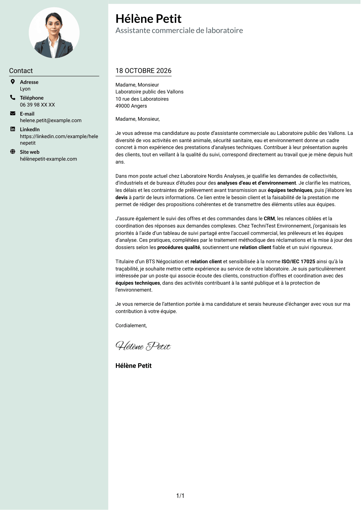Lettre de motivation Cadre (format à colonne latérale douce avec photo arrondie) : Assistant commercial de laboratoire - Relation client et offres analytiques, page 1