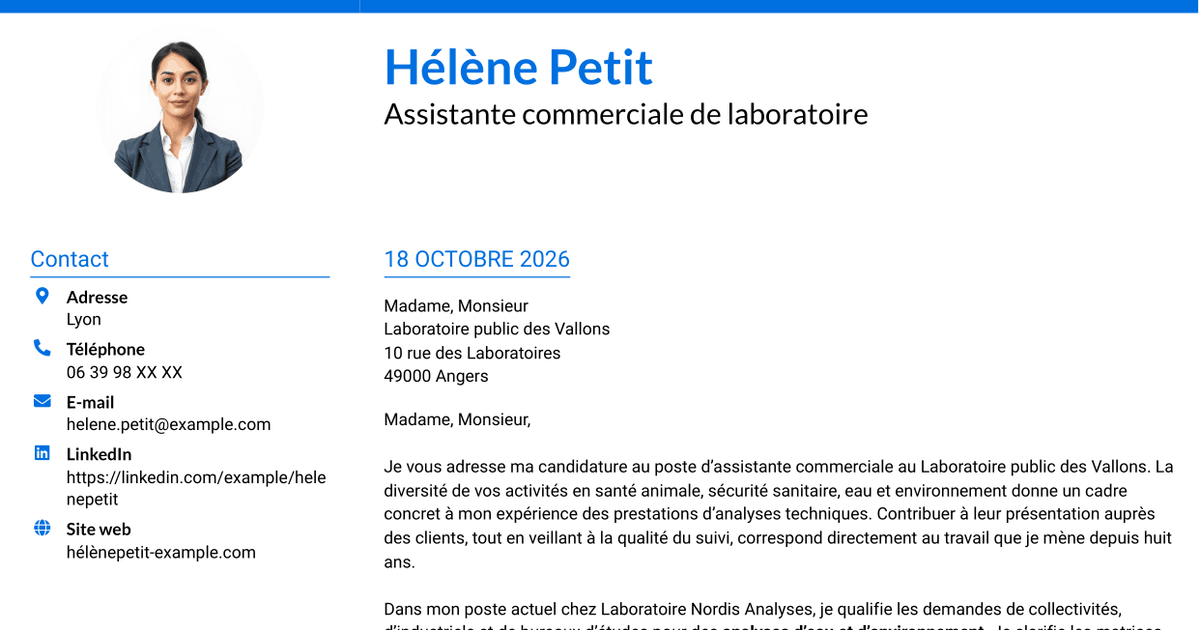 7 modèles de lettre de motivation pour Assistant commercial de laboratoire - Relation client et offres analytiques, avec exemples