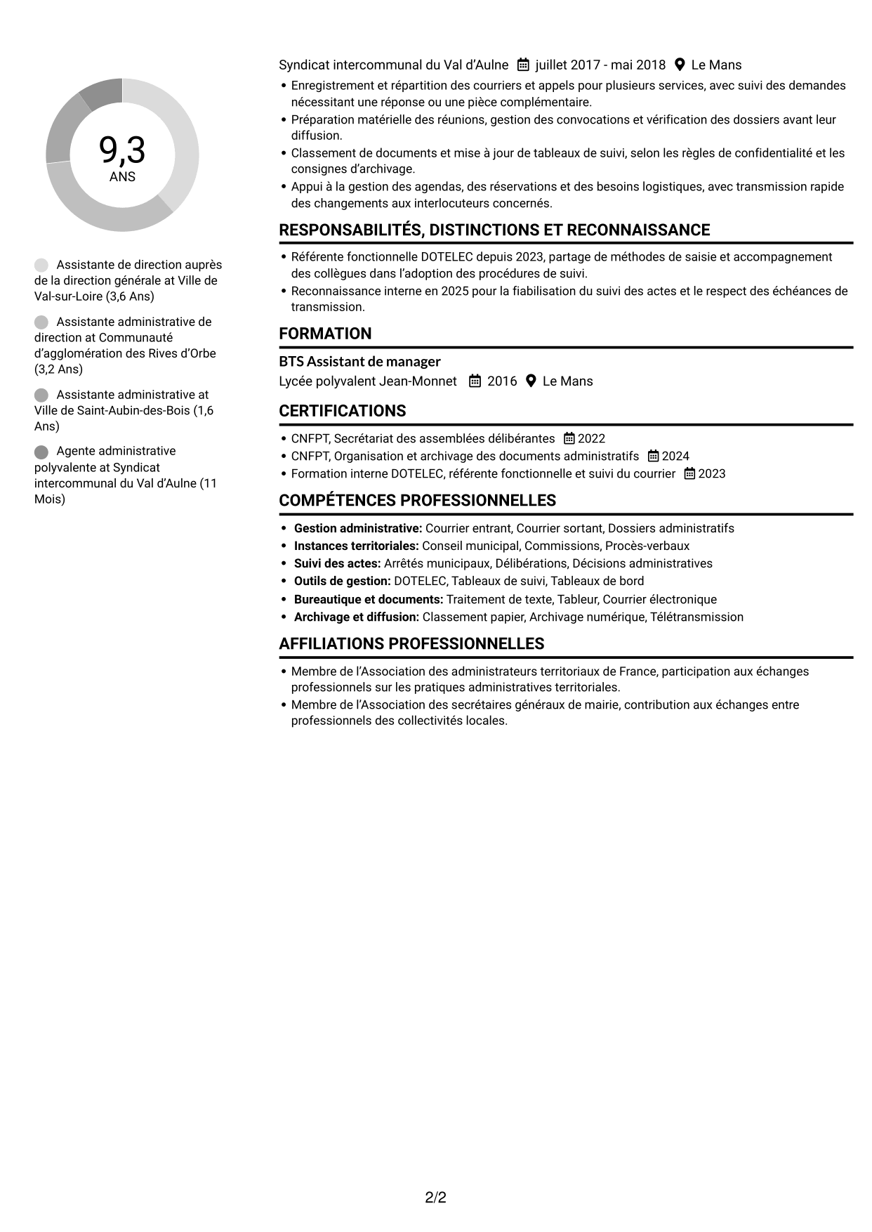 CV Compact (format sobre à deux colonnes avec photo) : Assistant de direction - Administration publique territoriale, page 2