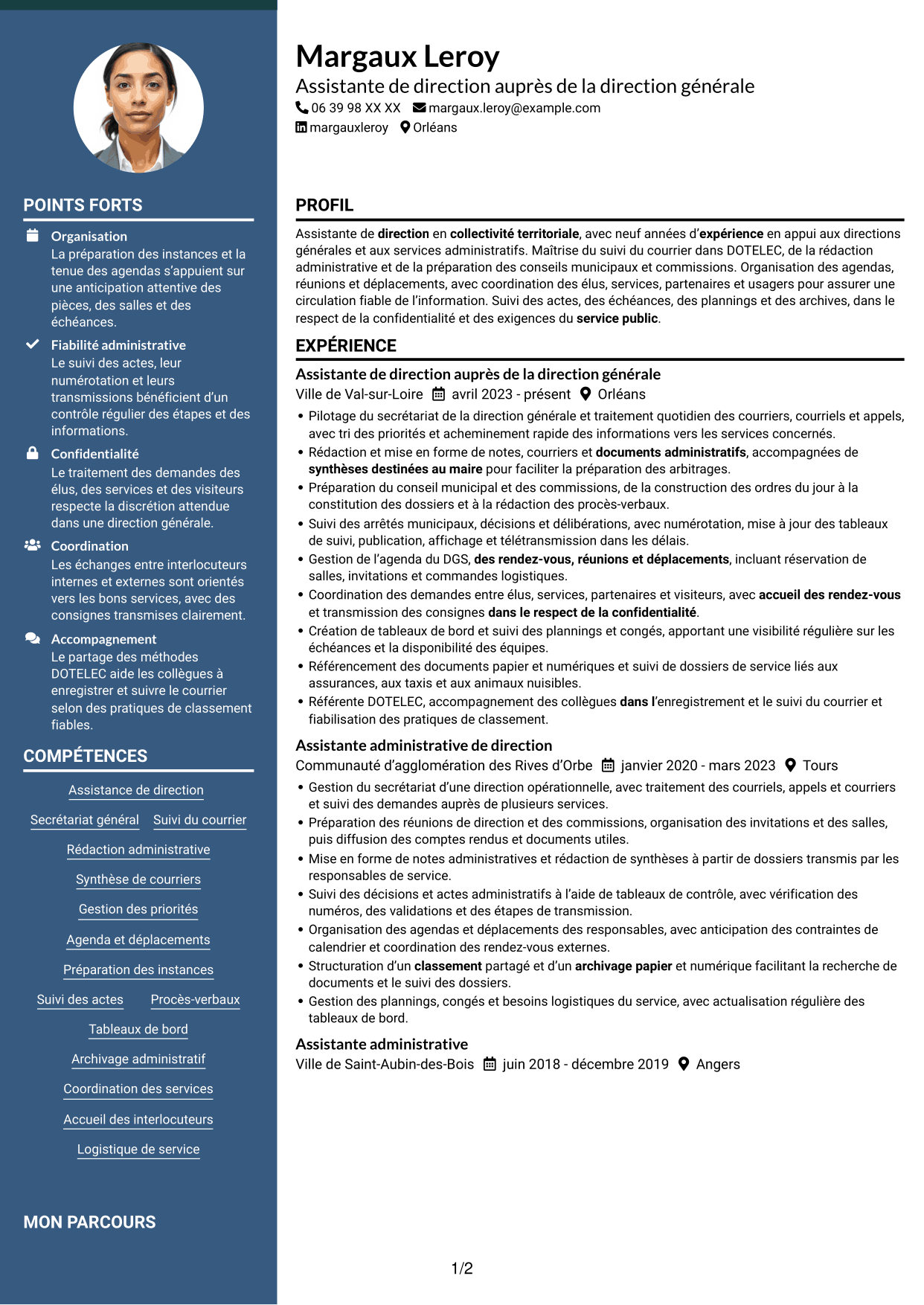 CV Élégant (format à colonne latérale colorée avec photo) : Assistant de direction - Administration publique territoriale, page 1