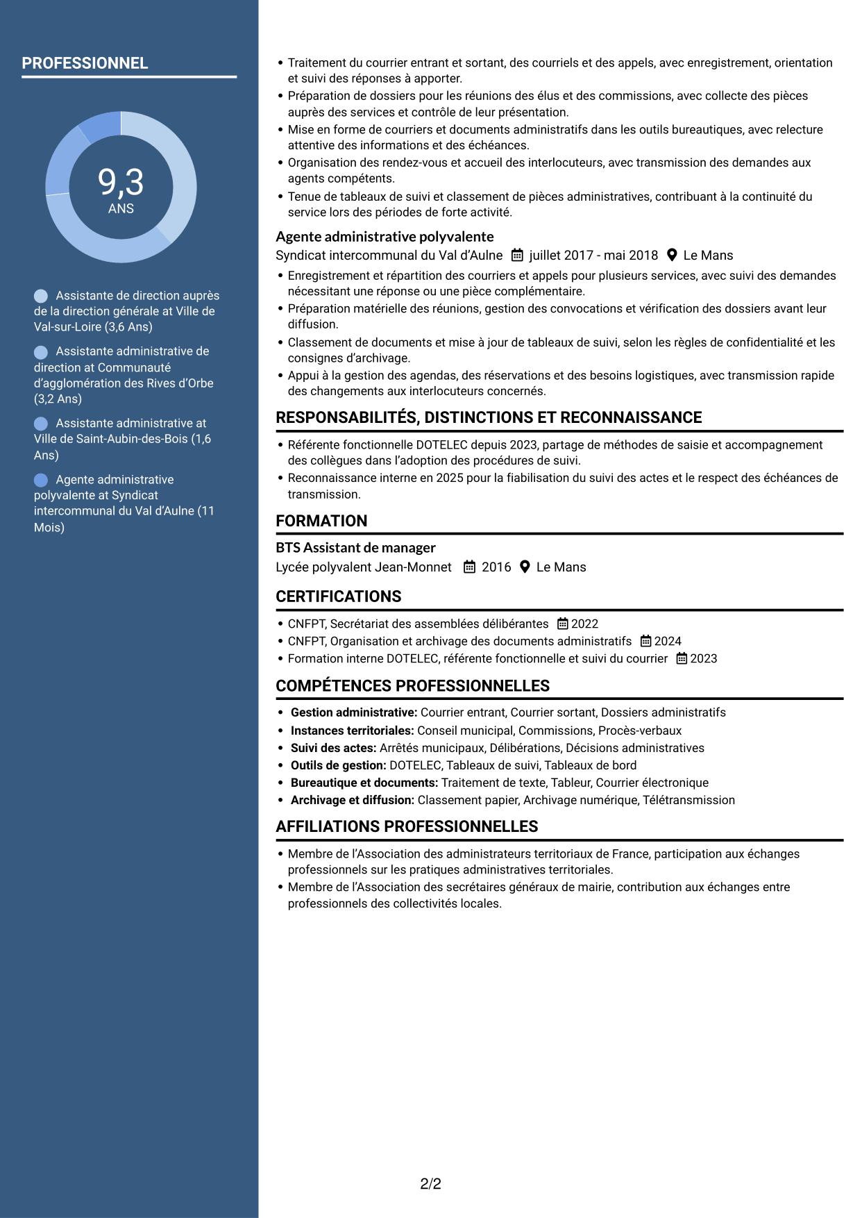 CV Élégant (format à colonne latérale colorée avec photo) : Assistant de direction - Administration publique territoriale, page 2