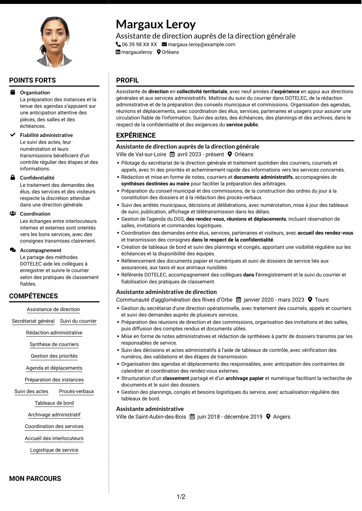 CV Moderne (format à deux colonnes avec photo à gauche et séparateur) : Assistant de direction - Administration publique territoriale, page 1
