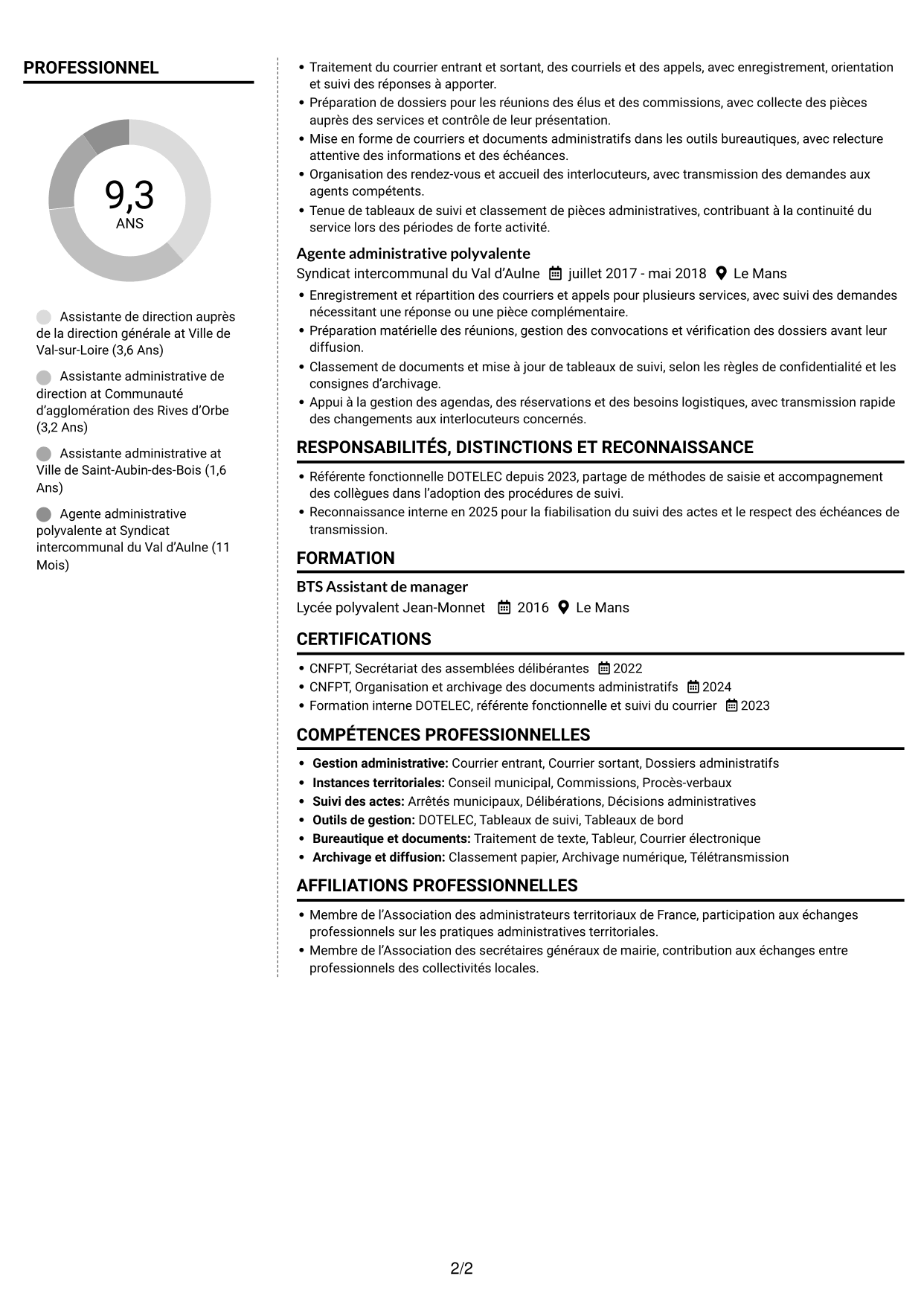 CV Moderne (format à deux colonnes avec photo à gauche et séparateur) : Assistant de direction - Administration publique territoriale, page 2