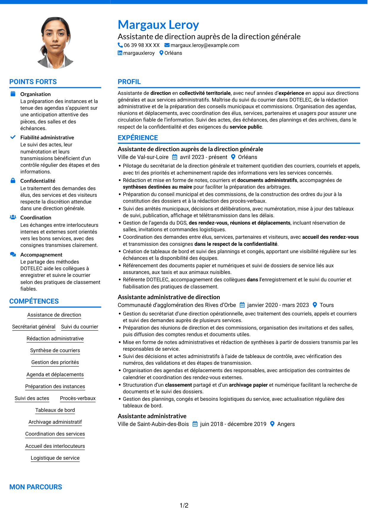 CV Audacieux (format à deux colonnes avec accents colorés et photo) : Assistant de direction - Administration publique territoriale, page 1