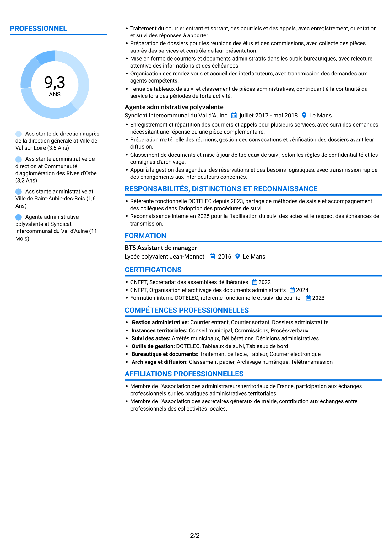CV Audacieux (format à deux colonnes avec accents colorés et photo) : Assistant de direction - Administration publique territoriale, page 2