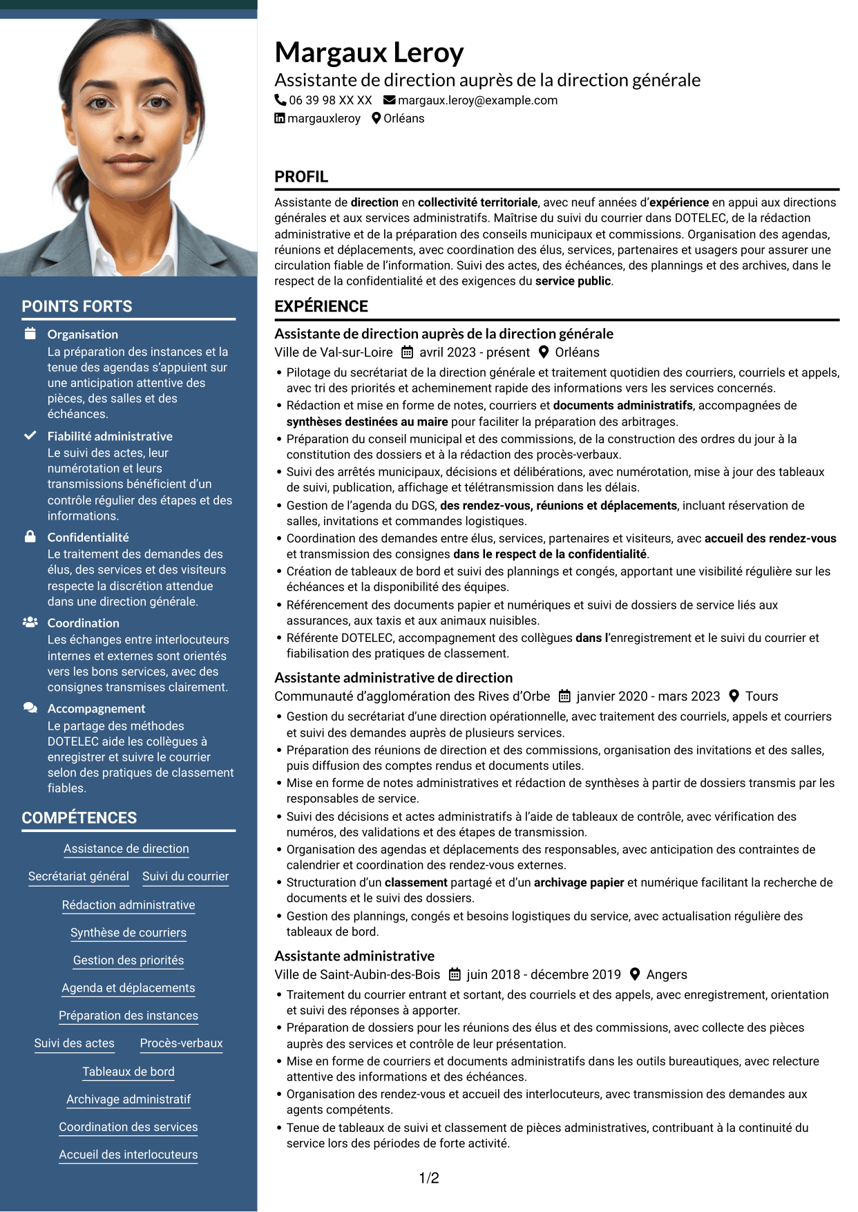 CV Signature (format à colonne latérale colorée avec grande photo) : Assistant de direction - Administration publique territoriale, page 1