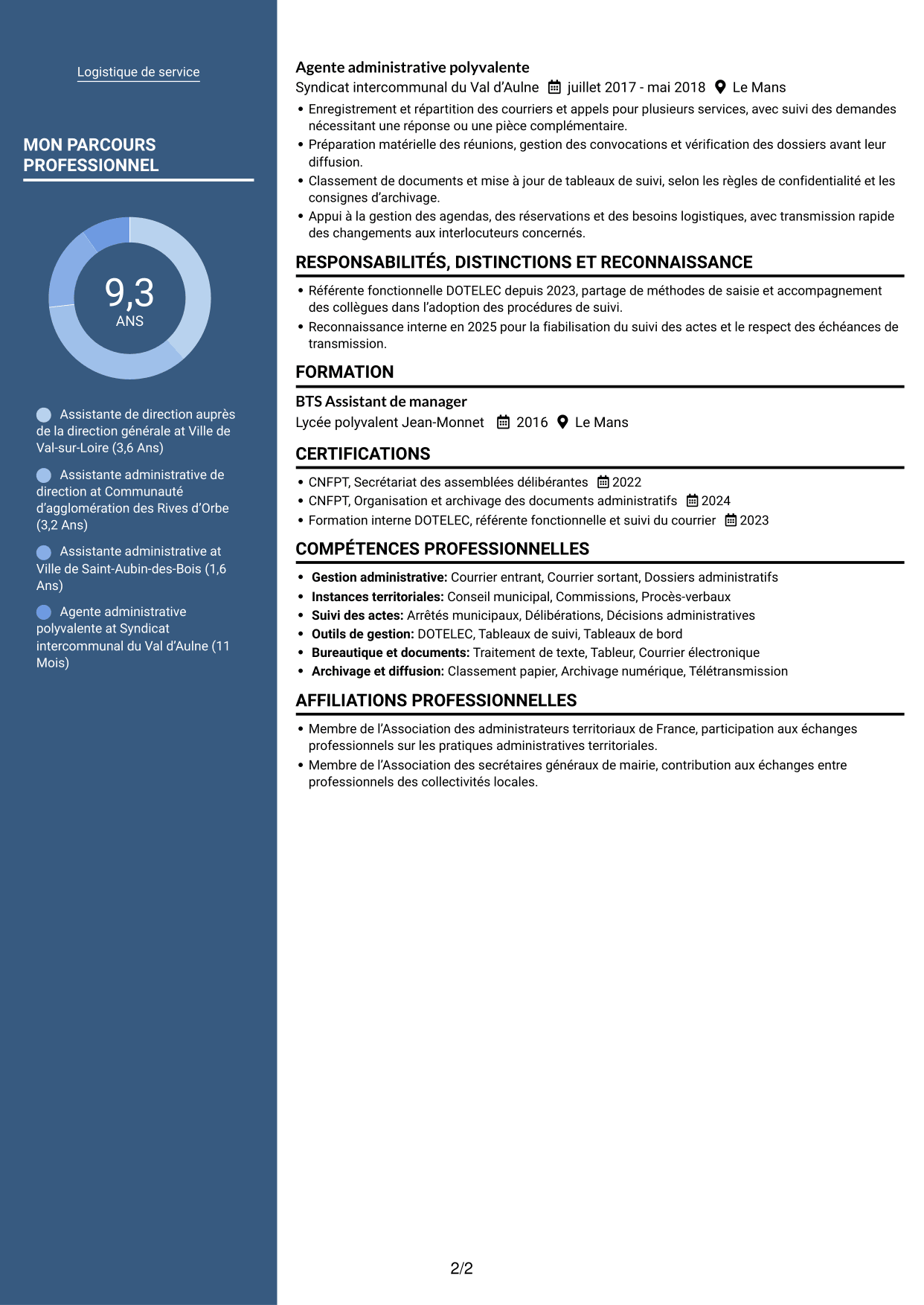 CV Signature (format à colonne latérale colorée avec grande photo) : Assistant de direction - Administration publique territoriale, page 2