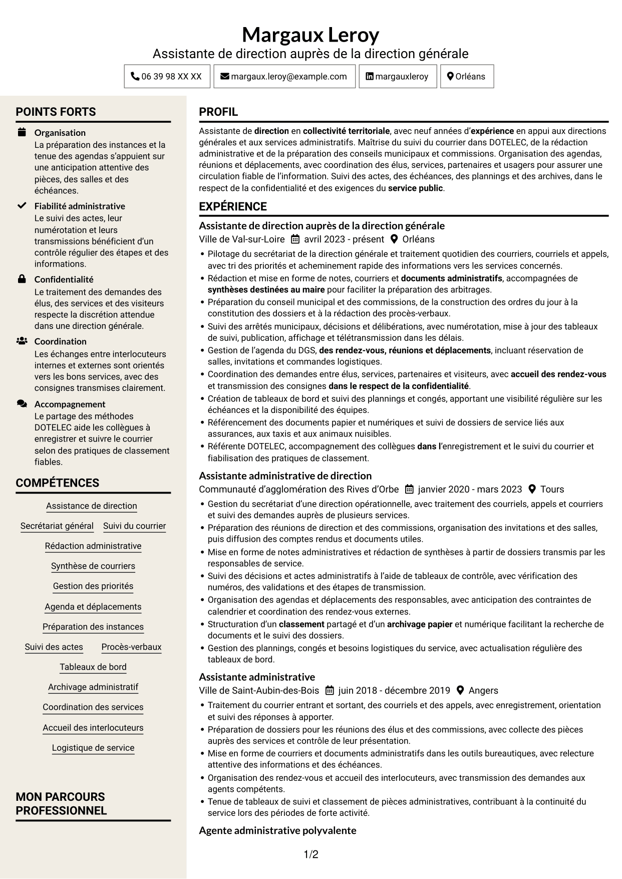 CV Fonceur (format à deux colonnes avec en-tête centré sans photo) : Assistant de direction - Administration publique territoriale, page 1