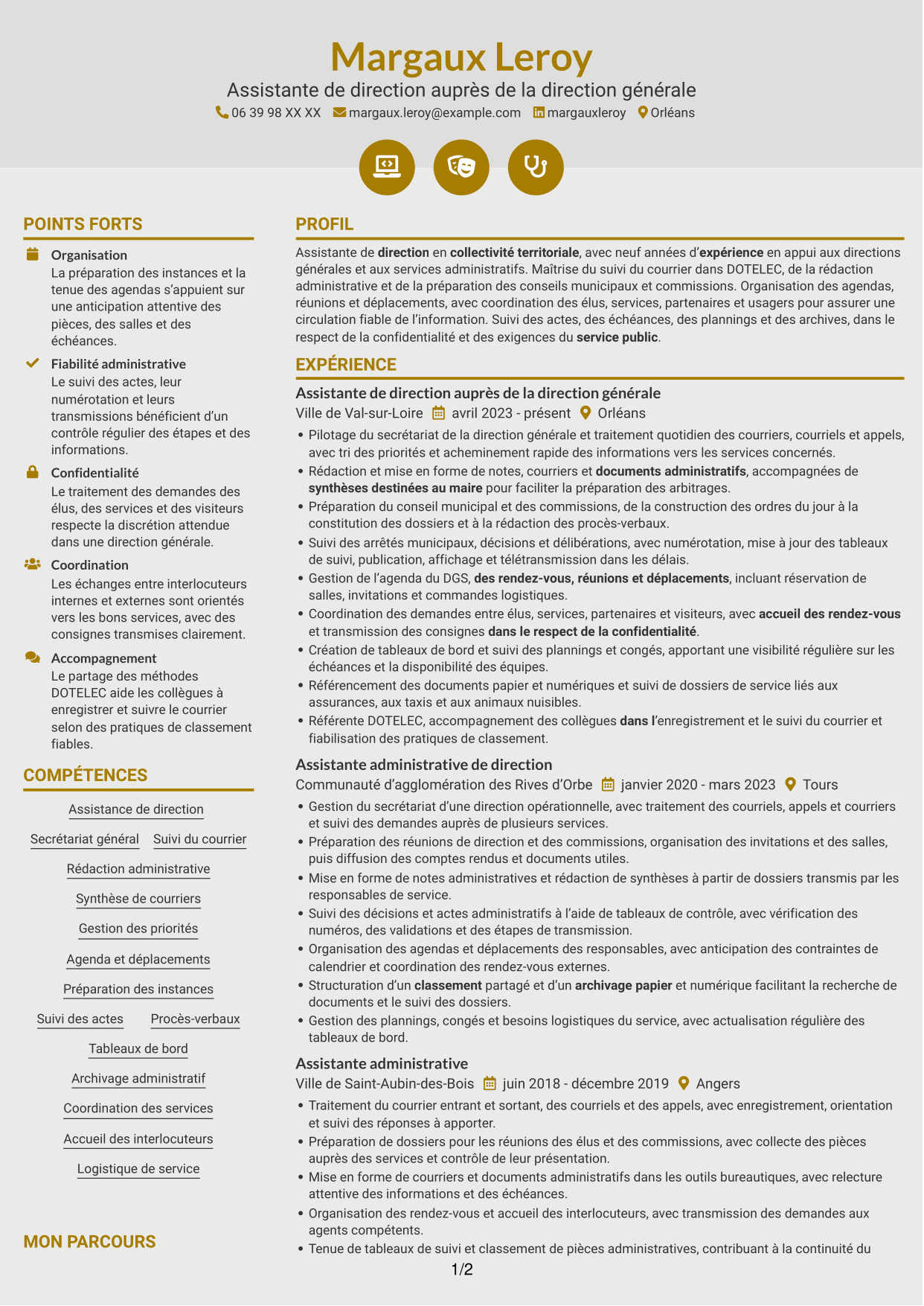 CV Dynamique (format à deux colonnes avec icônes) : Assistant de direction - Administration publique territoriale, page 1