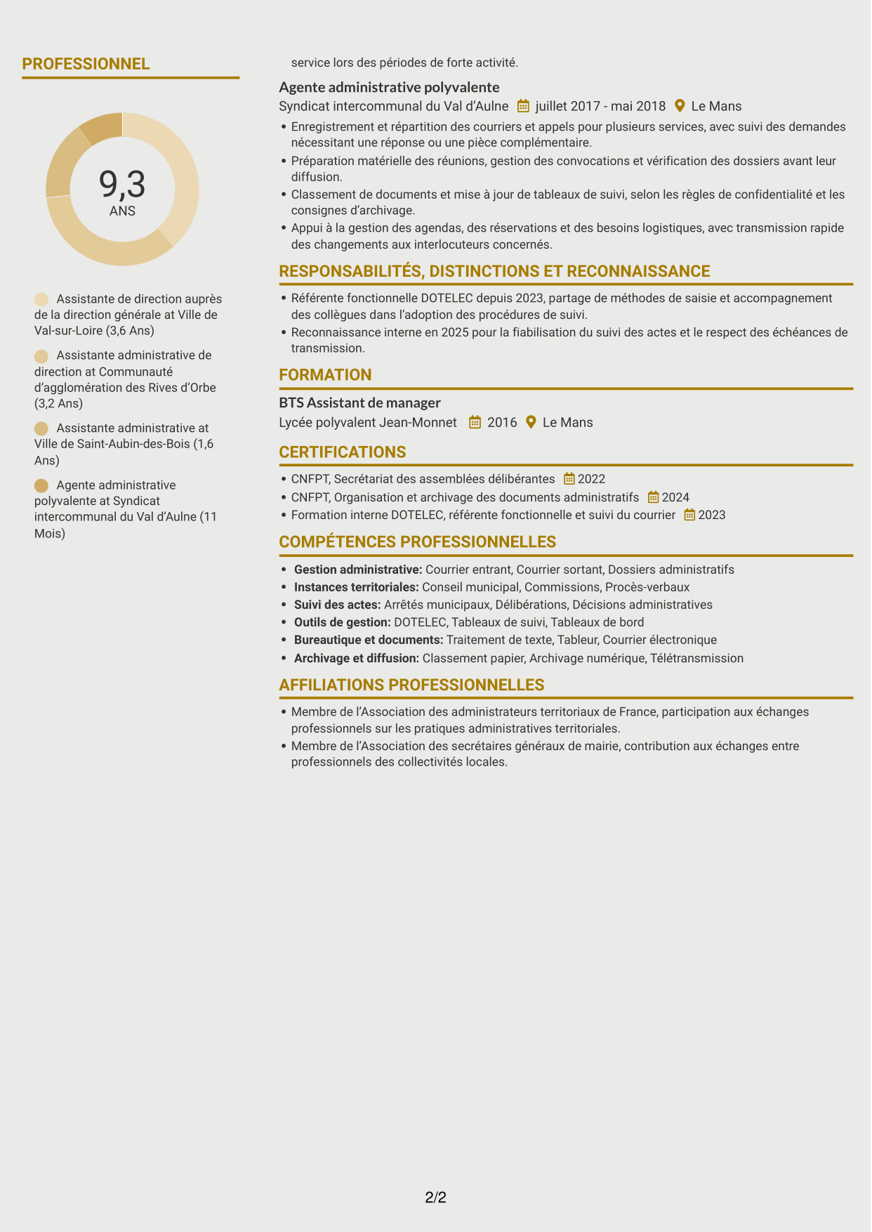 CV Dynamique (format à deux colonnes avec icônes) : Assistant de direction - Administration publique territoriale, page 2