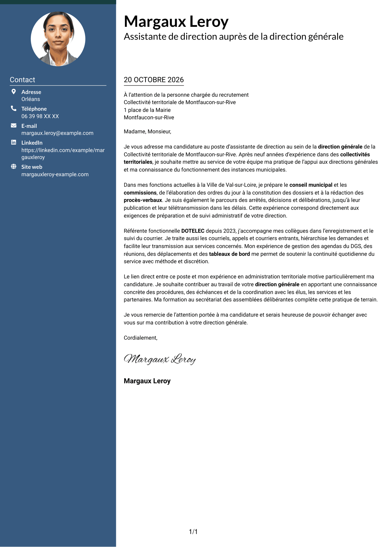 Lettre de motivation Élégant (format à colonne latérale colorée avec photo) : Assistant de direction - Administration publique territoriale, page 1