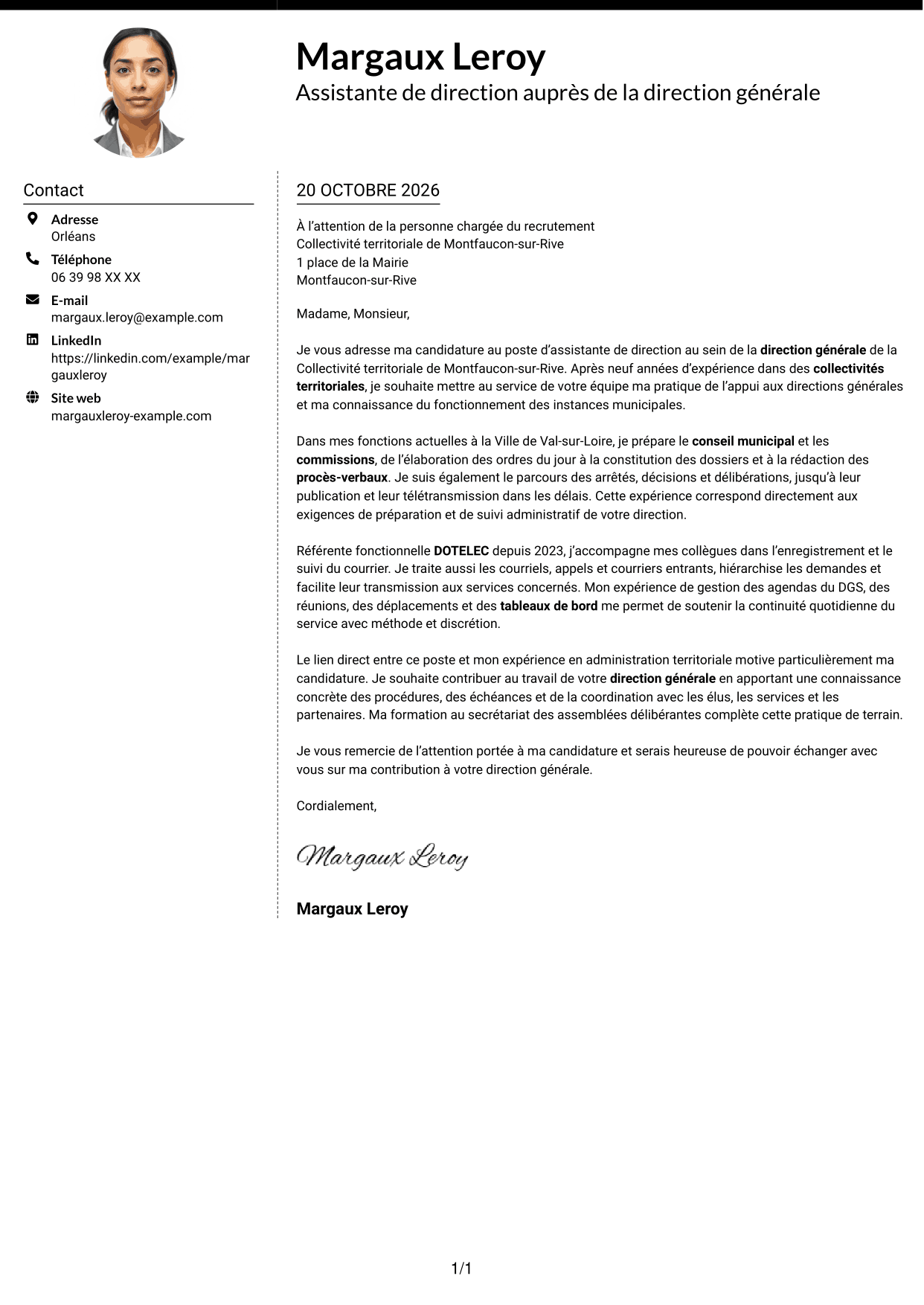 Lettre de motivation Moderne (format à deux colonnes avec photo à gauche et séparateur) : Assistant de direction - Administration publique territoriale, page 1