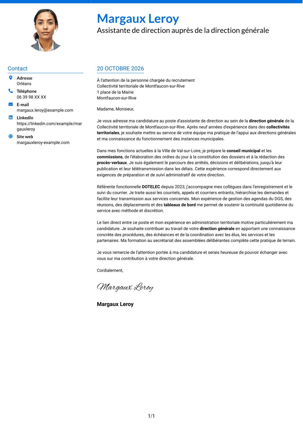 Lettre de motivation Audacieux (format à deux colonnes avec accents colorés et photo) : Assistant de direction - Administration publique territoriale, page 1