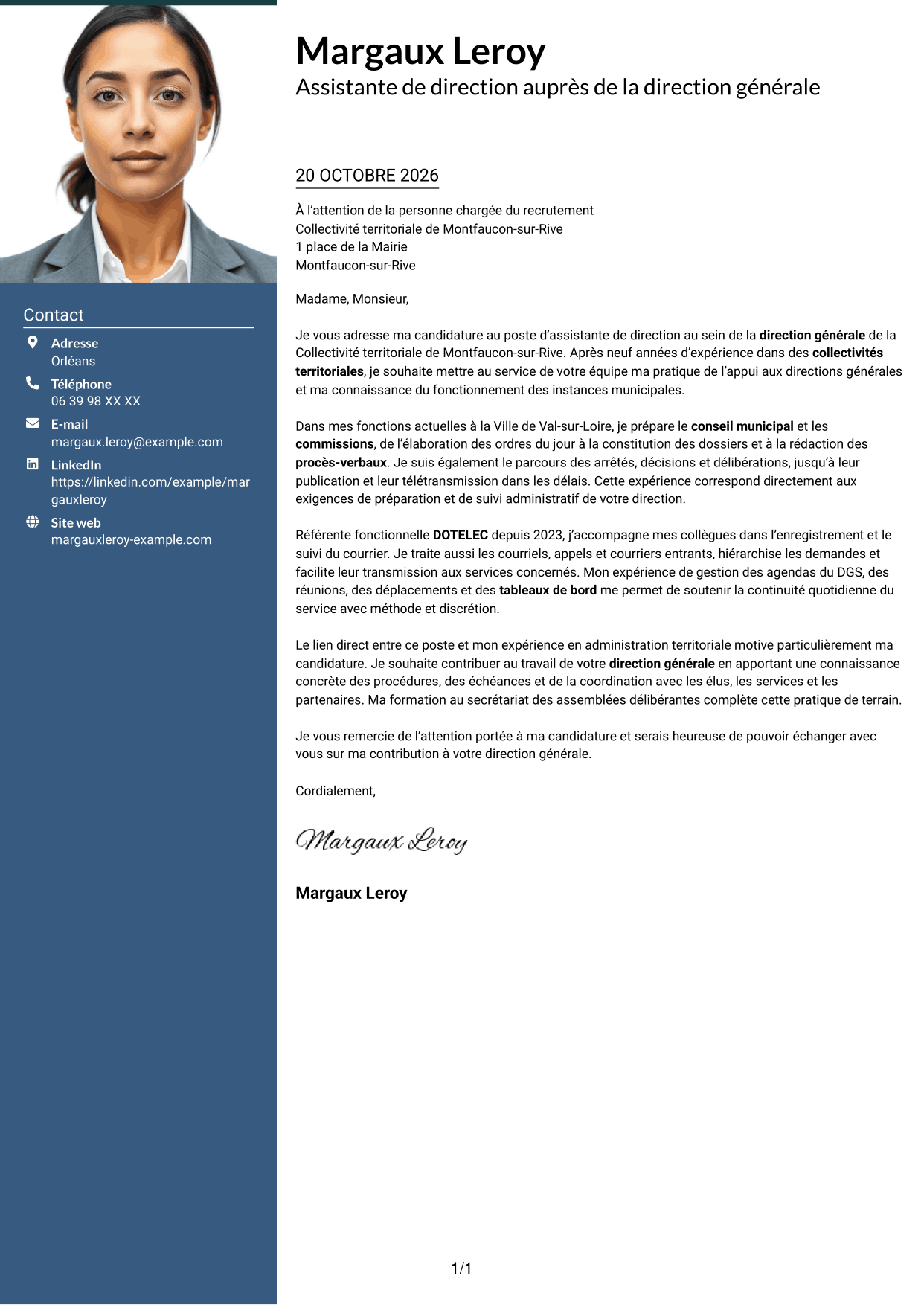 Lettre de motivation Signature (format à colonne latérale colorée avec grande photo) : Assistant de direction - Administration publique territoriale, page 1